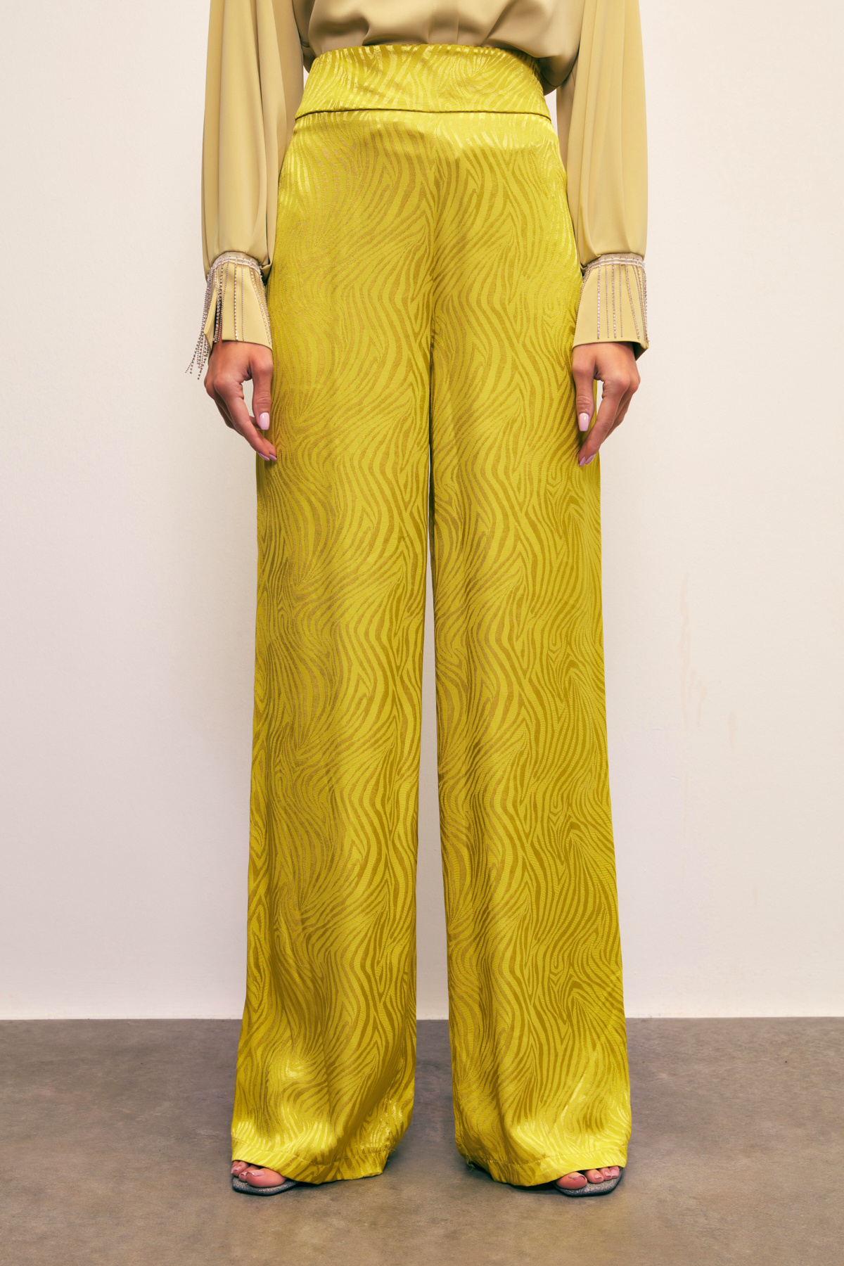 Saten Desenli Pantolon - YAĞ YEŞİLİ