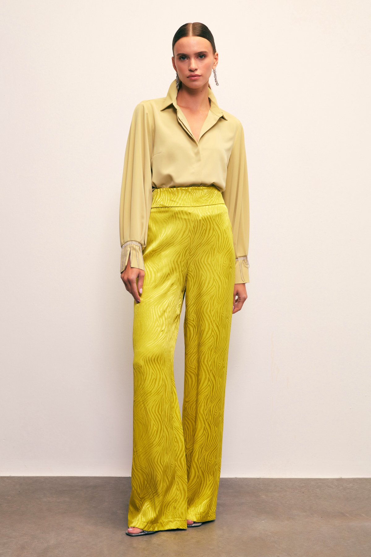 Saten Desenli Pantolon - YAĞ YEŞİLİ