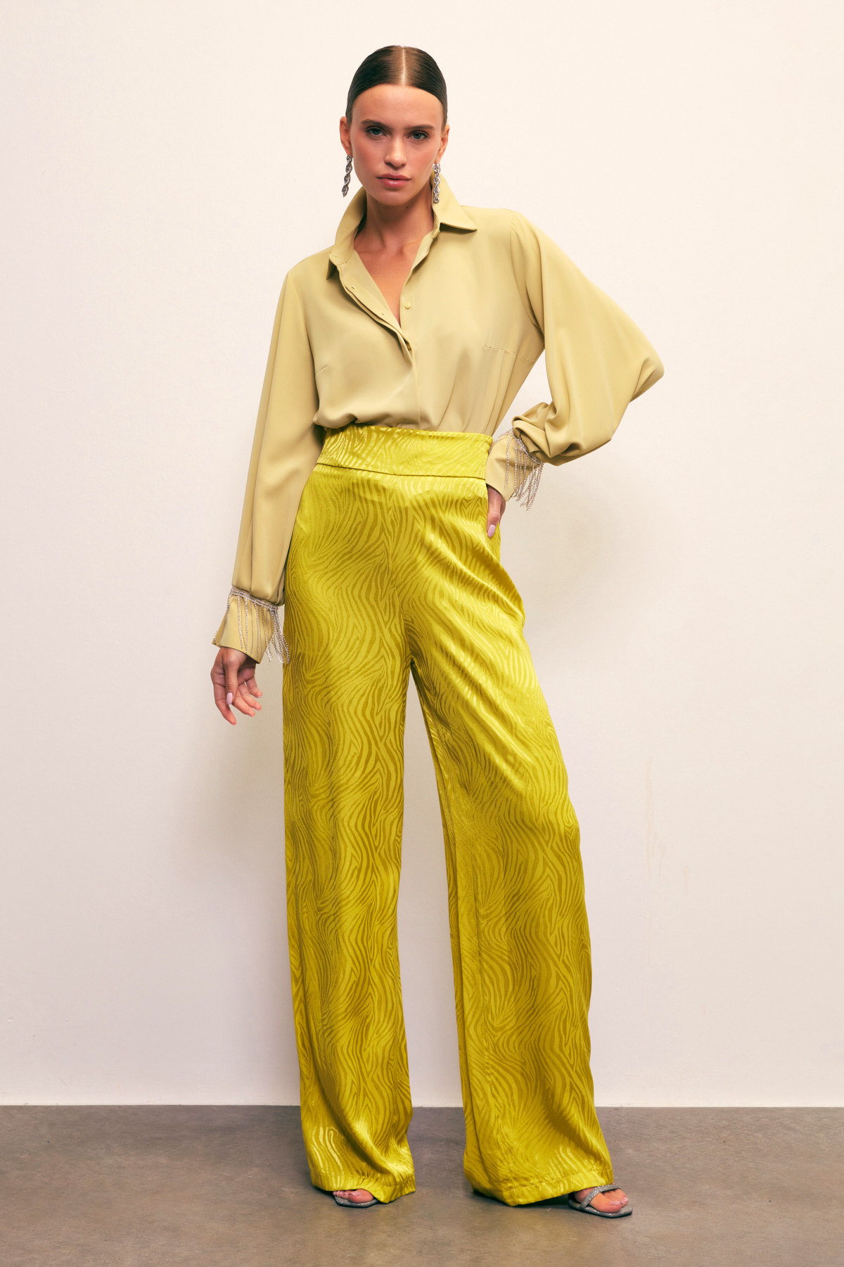 Saten Desenli Pantolon - YAĞ YEŞİLİ