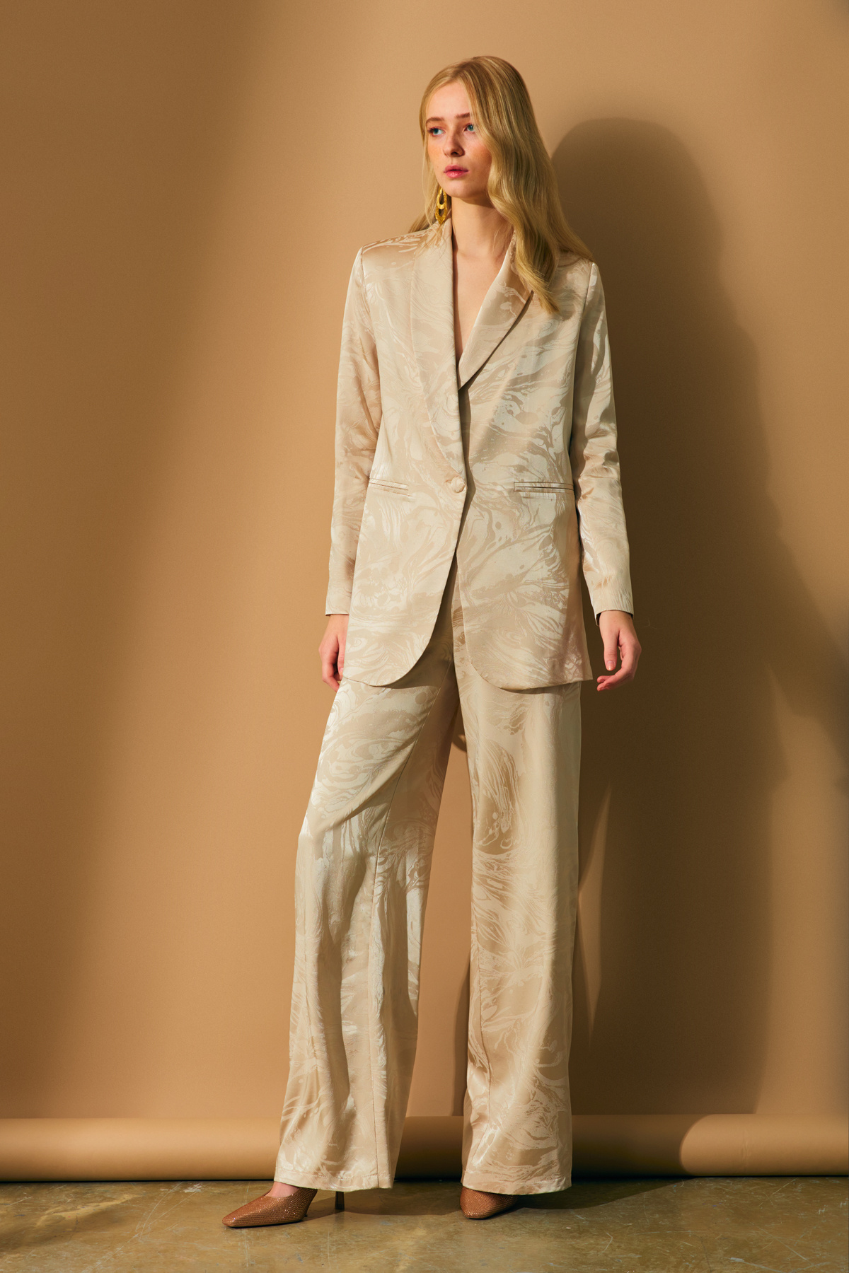 Saten Desenli Salaş Pantolon - BEJ