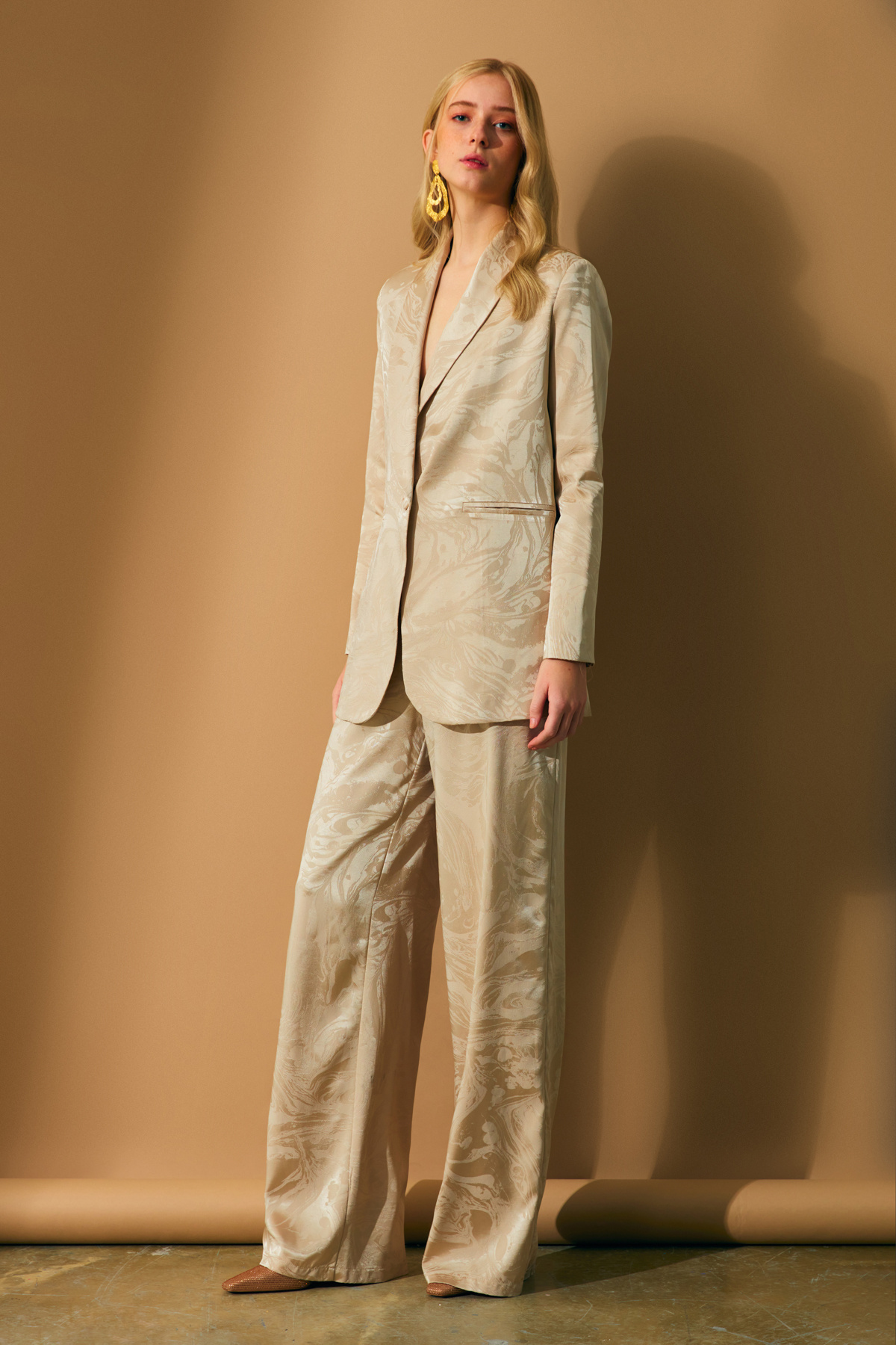 Saten Desenli Salaş Pantolon - BEJ