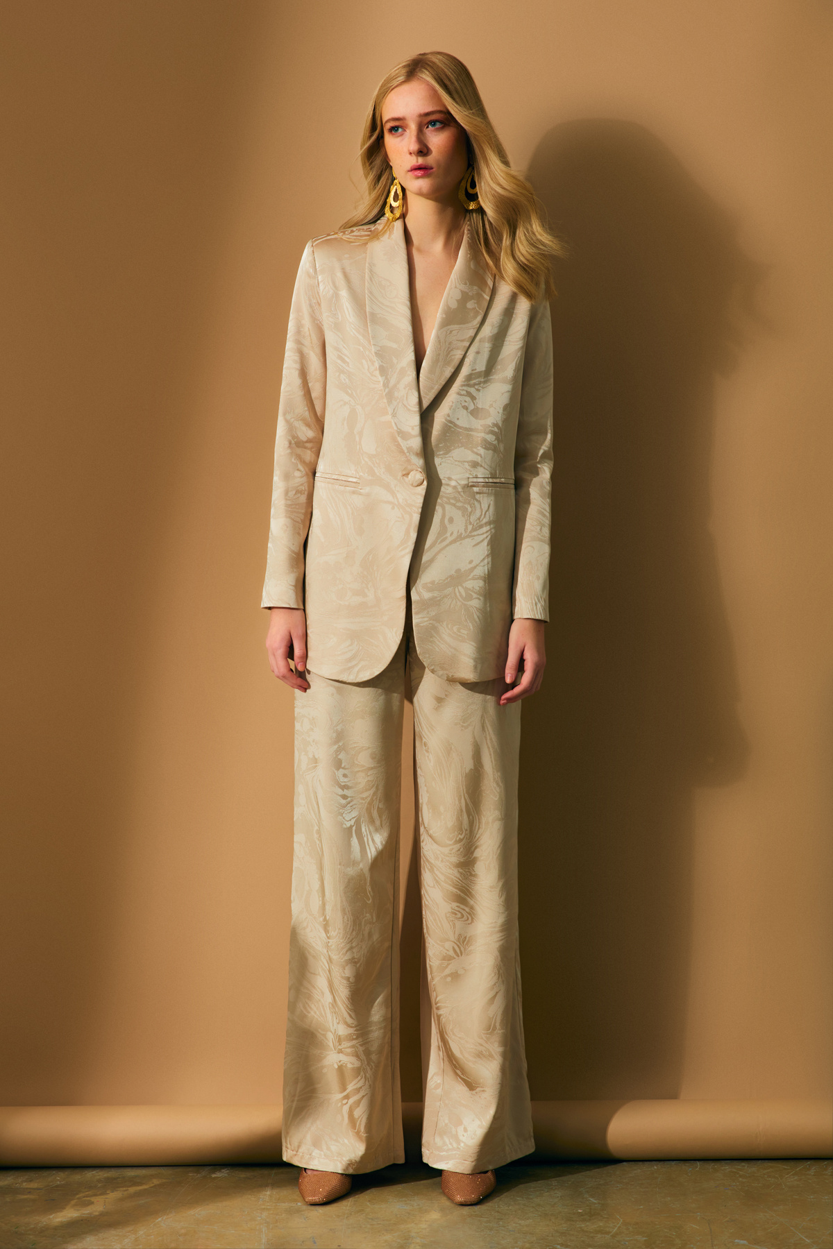 Saten Desenli Salaş Pantolon - BEJ