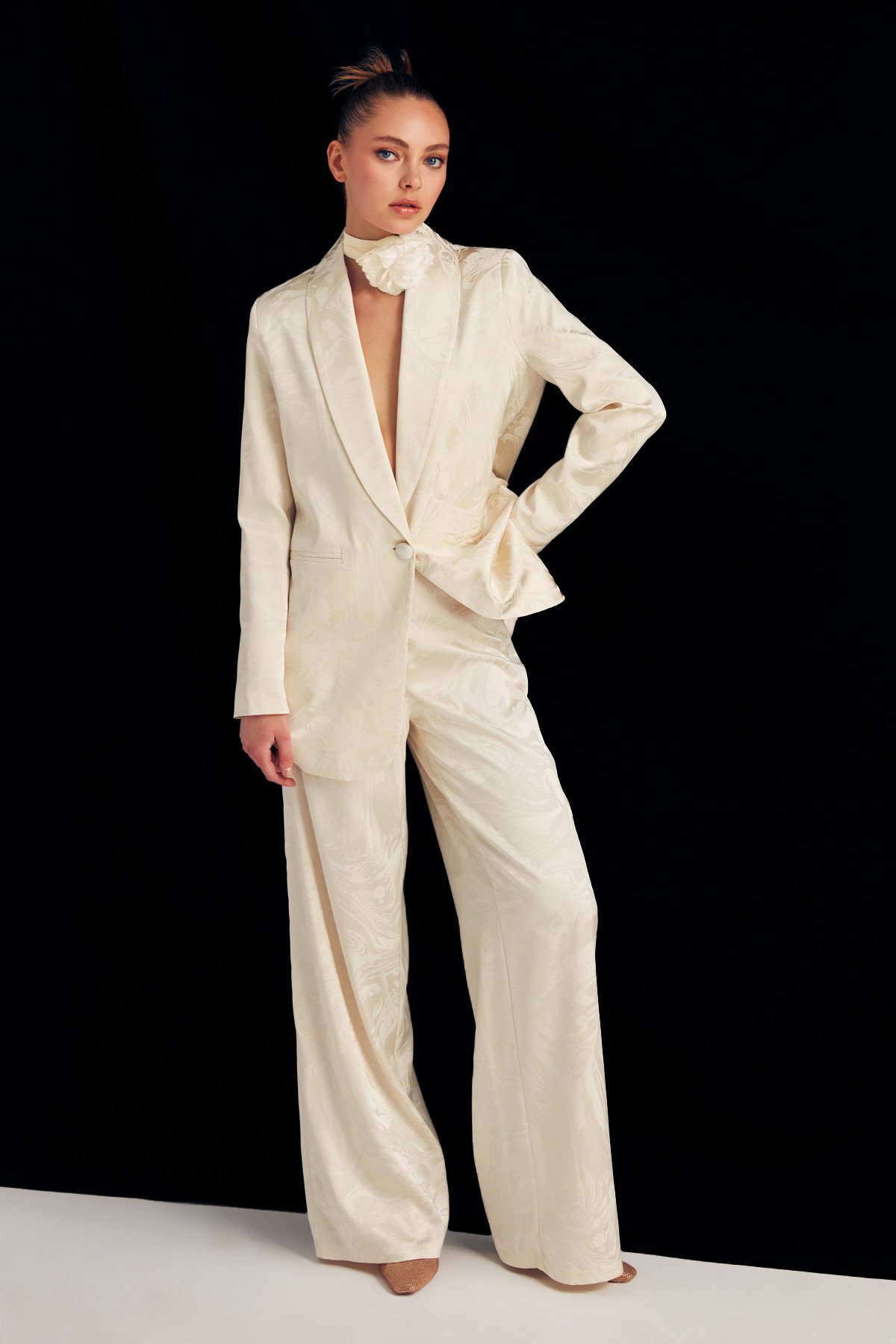 Saten Desenli Salaş Pantolon - EKRU