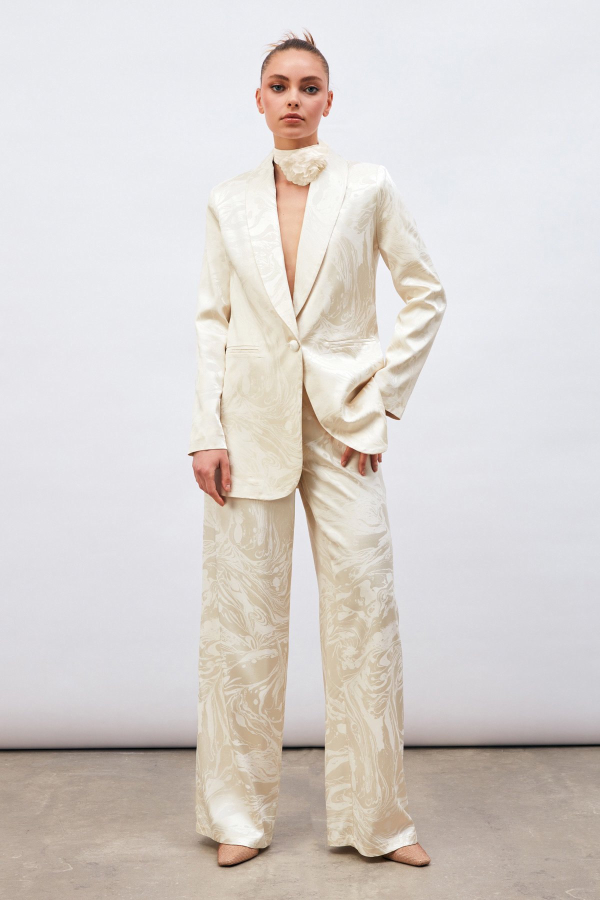 Saten Desenli Salaş Pantolon - EKRU