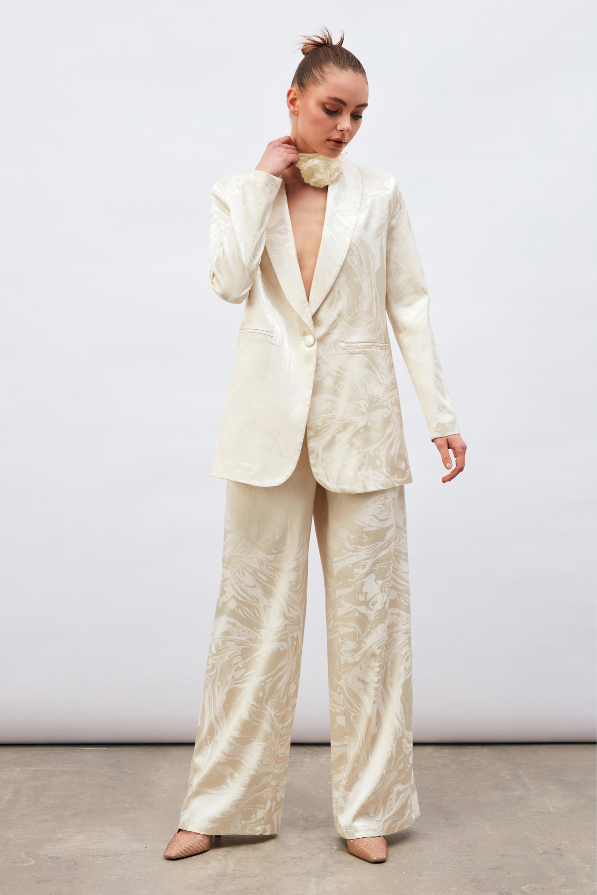 Saten Desenli Salaş Pantolon - EKRU