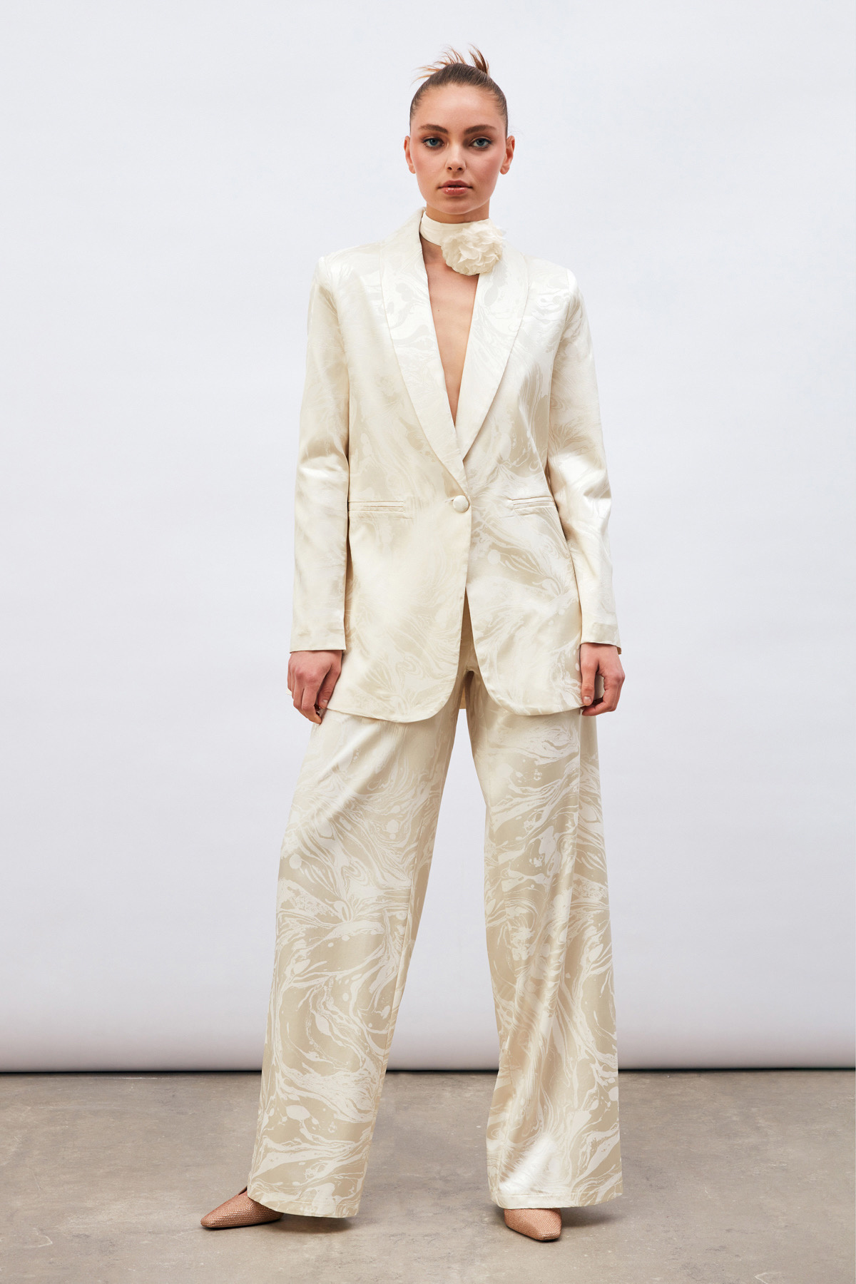 Saten Desenli Salaş Pantolon - EKRU