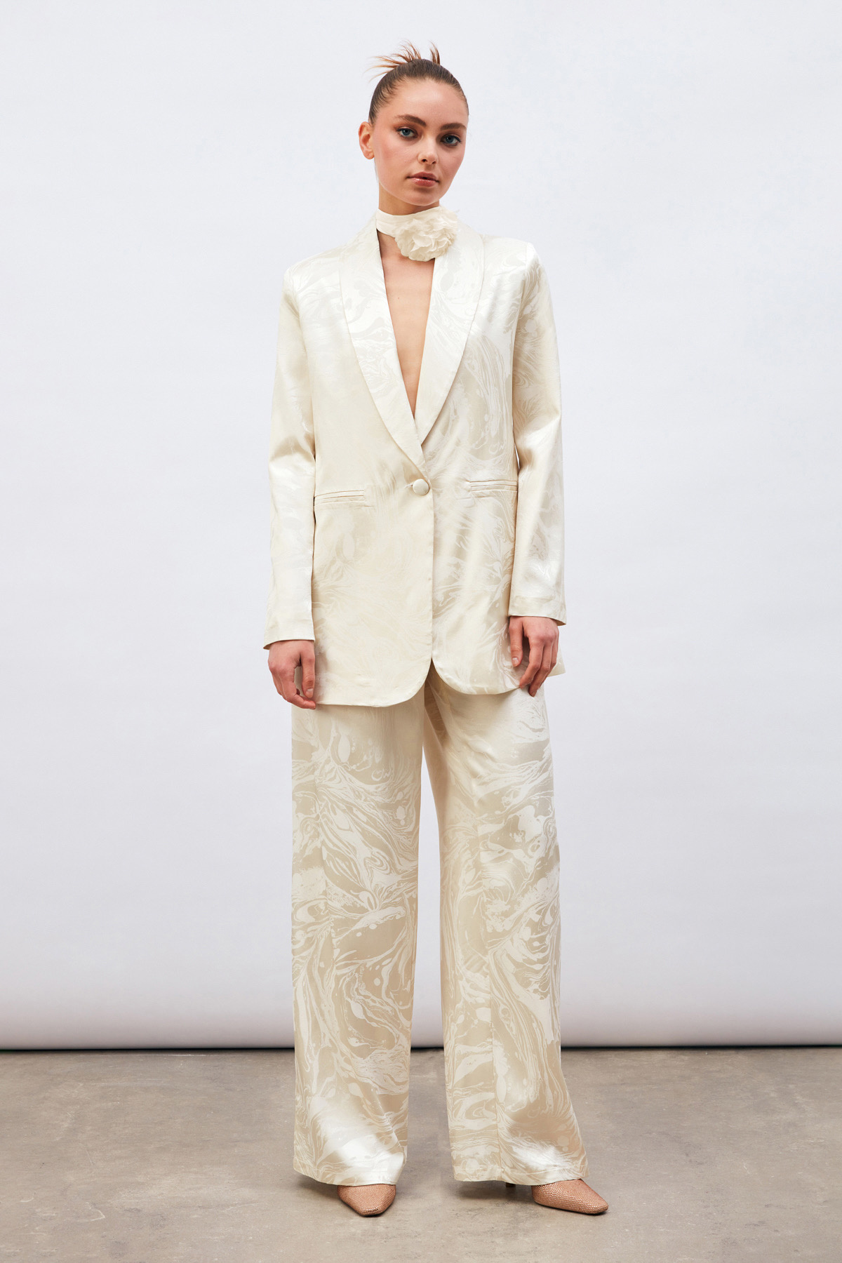 Saten Desenli Salaş Pantolon - EKRU