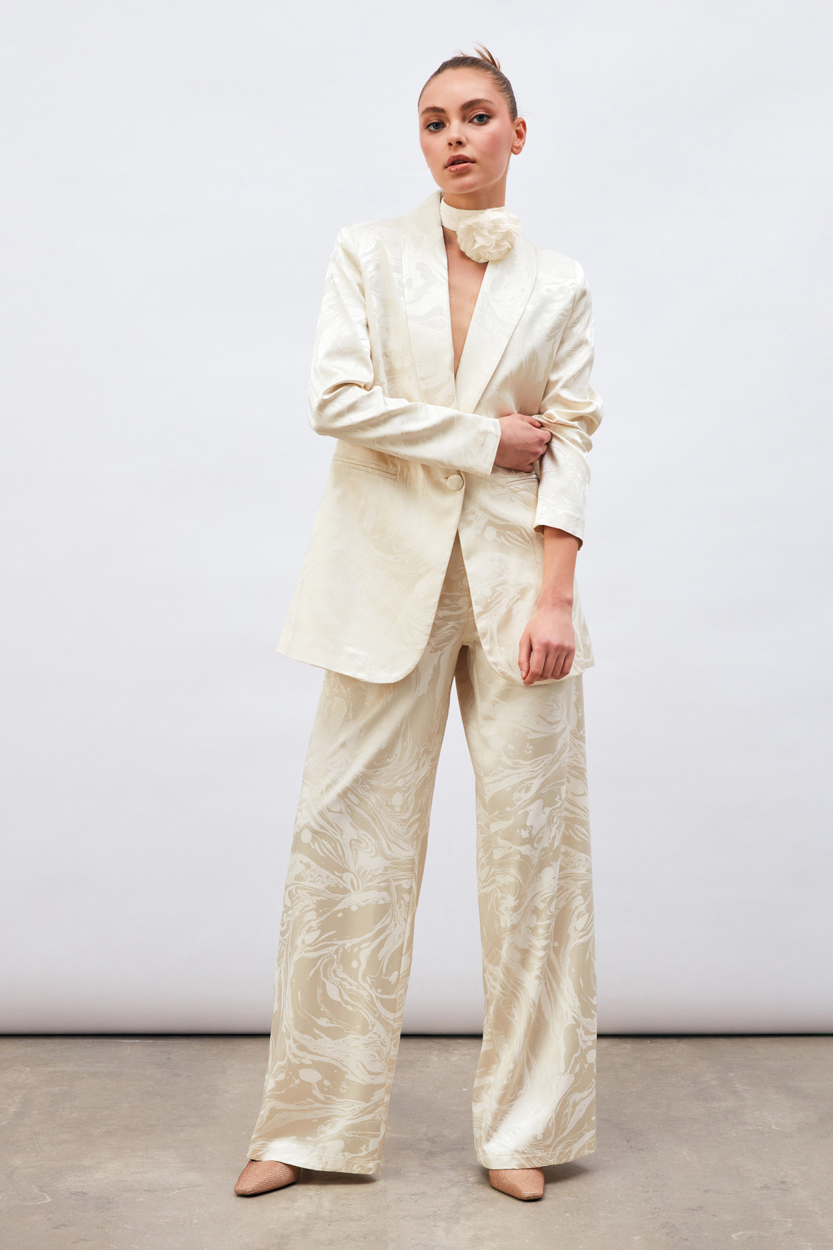 Saten Desenli Salaş Pantolon - EKRU