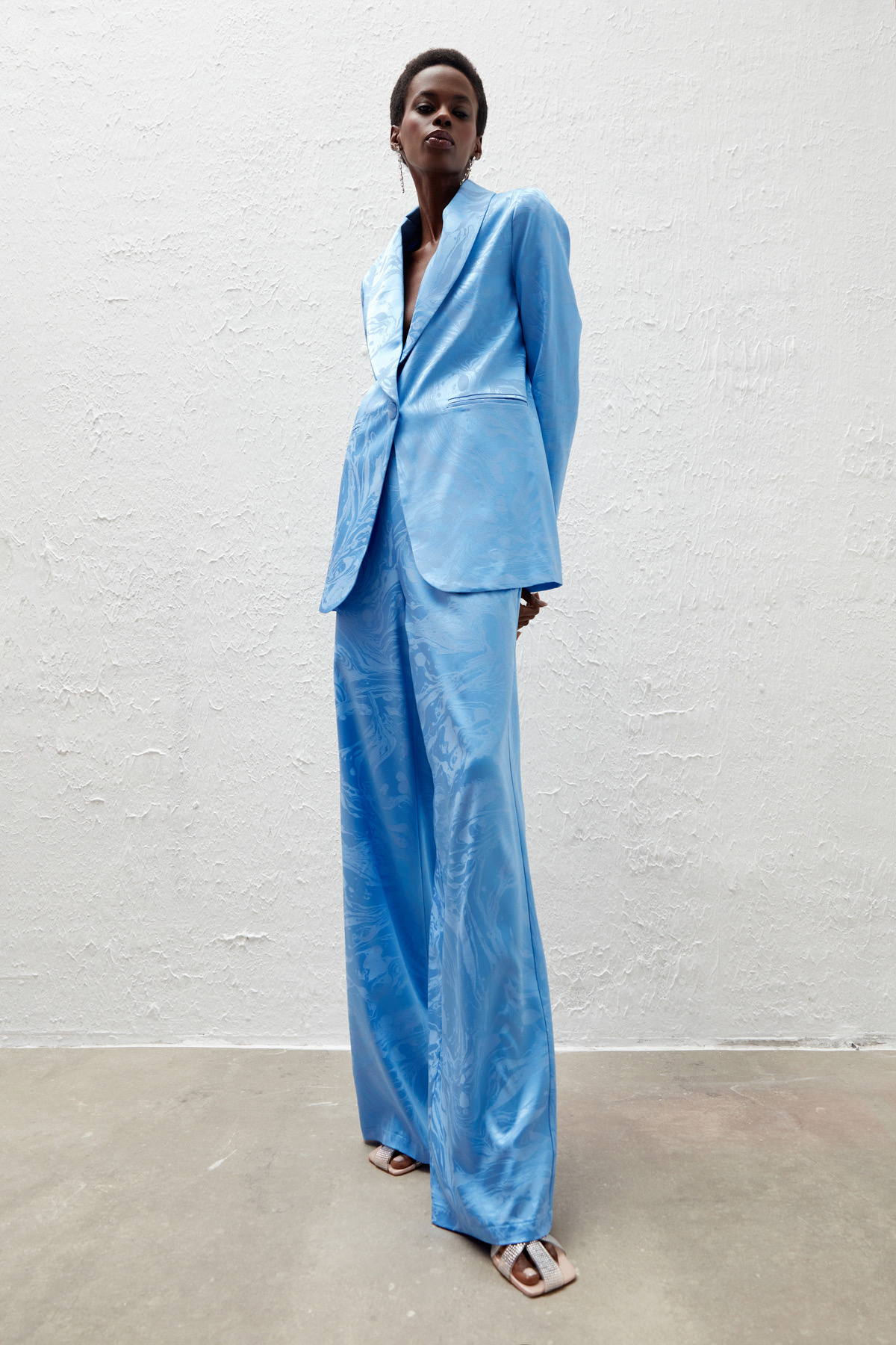 Saten Desenli Salaş Pantolon - MAVİ