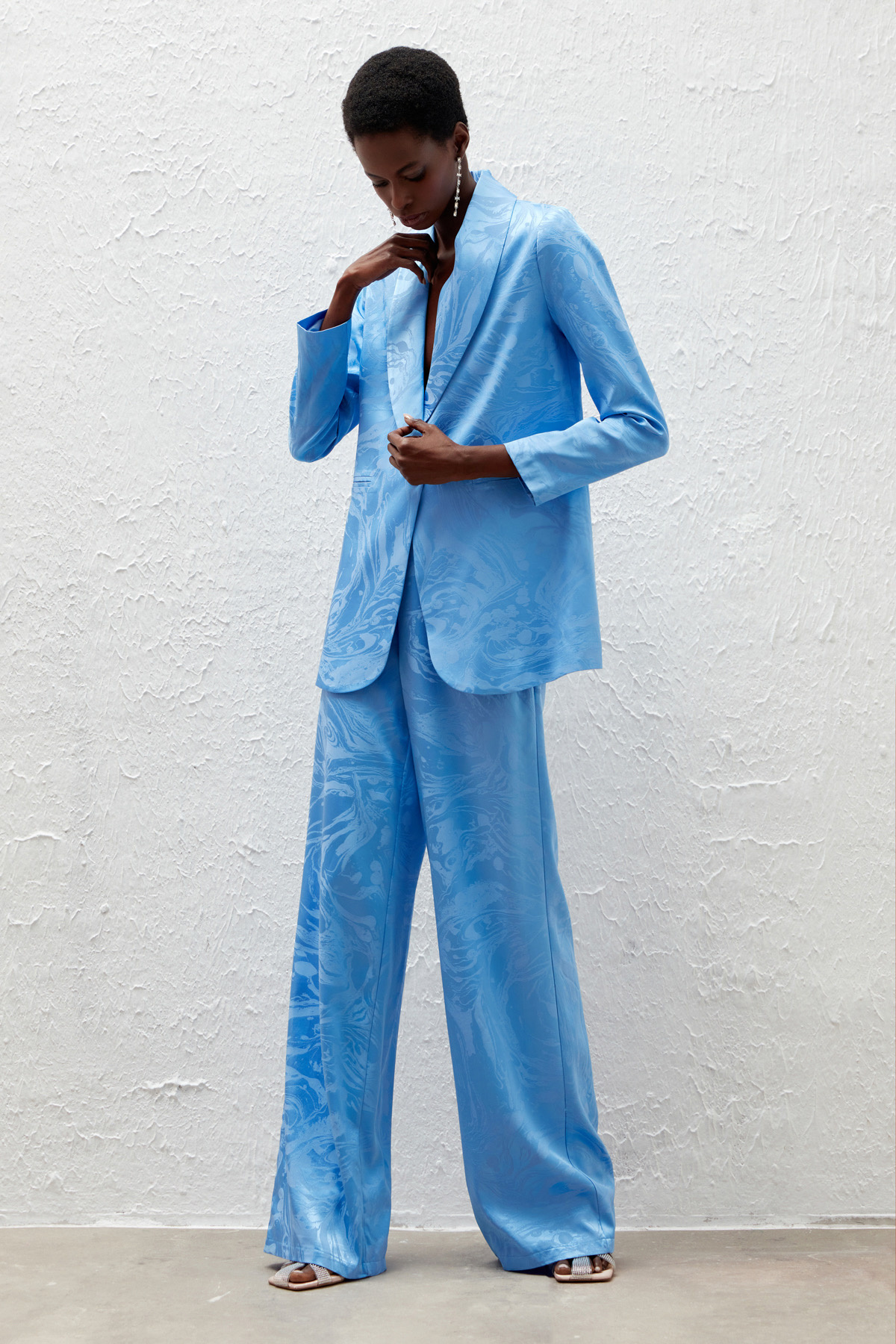 Saten Desenli Salaş Pantolon - MAVİ