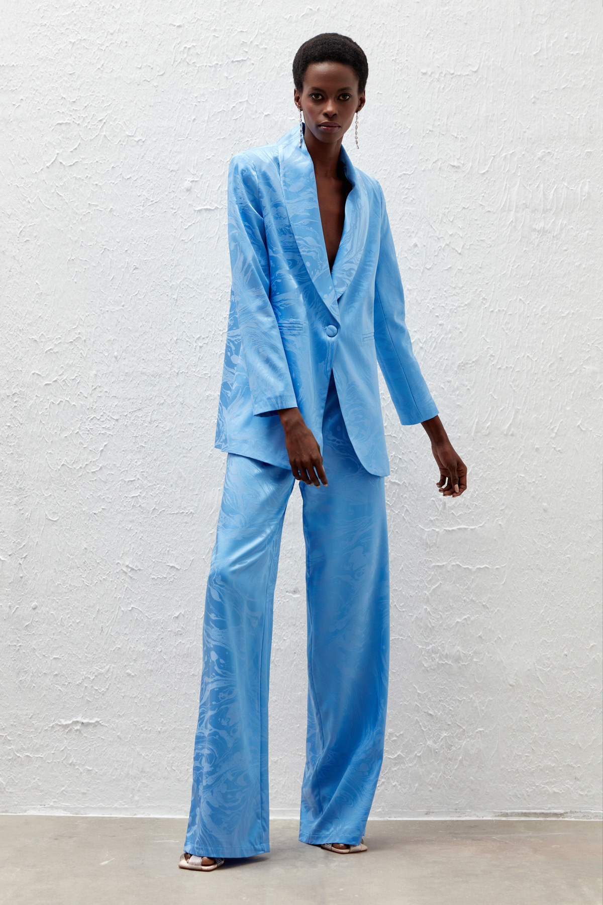 Saten Desenli Salaş Pantolon - MAVİ