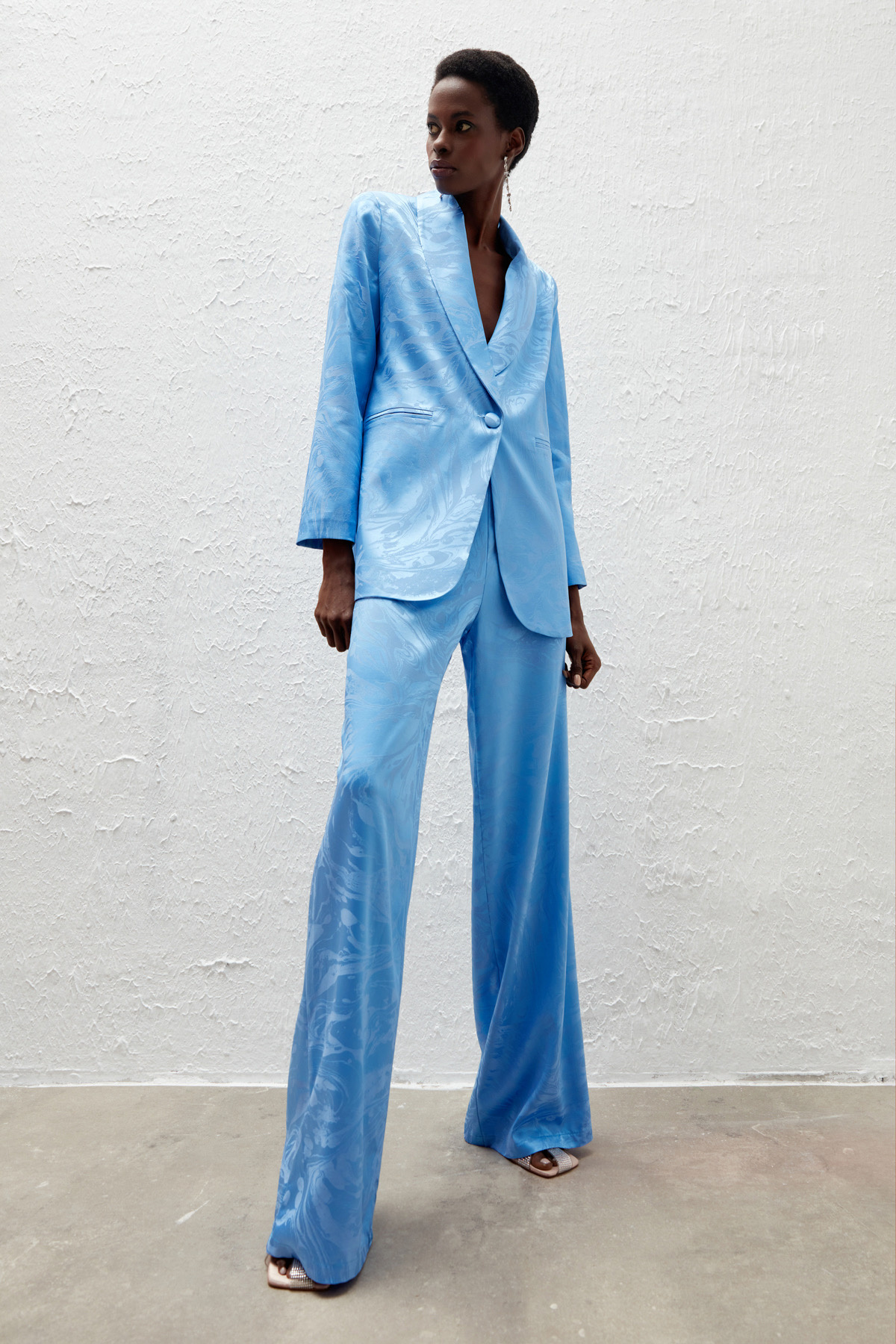 Saten Desenli Salaş Pantolon - MAVİ