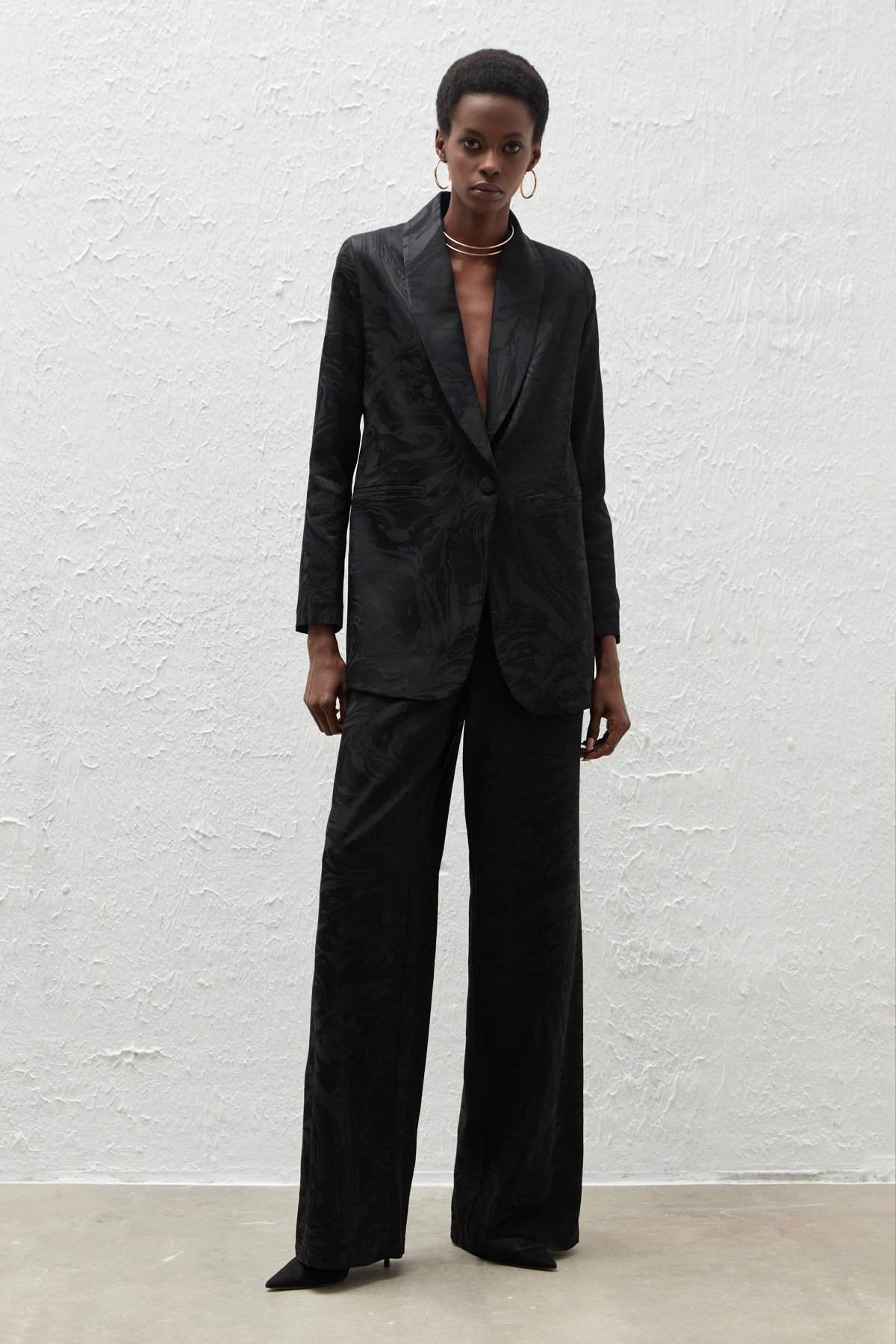 Satin Patterned Loose Trousers - BLACK