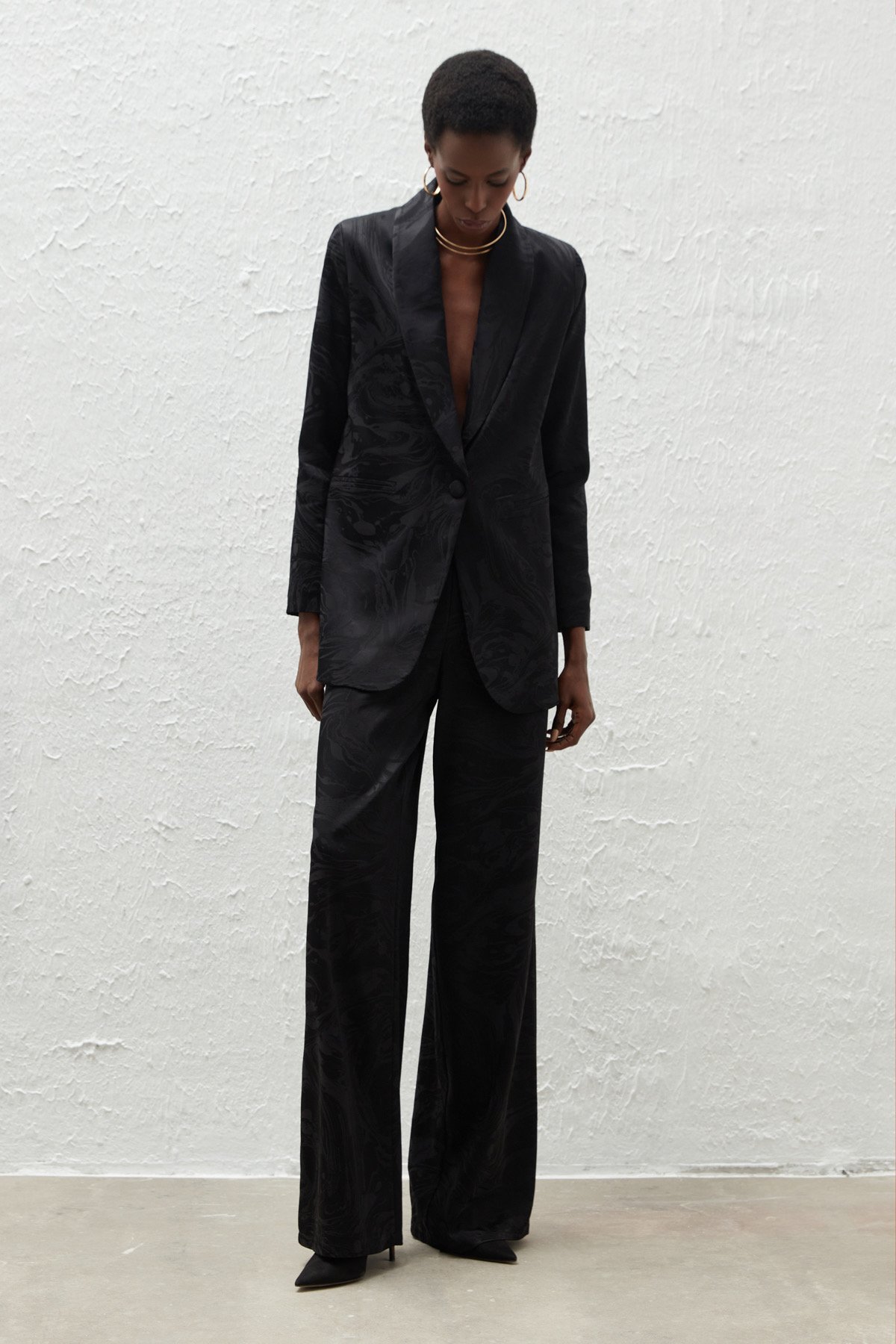 Satin Patterned Loose Trousers - BLACK