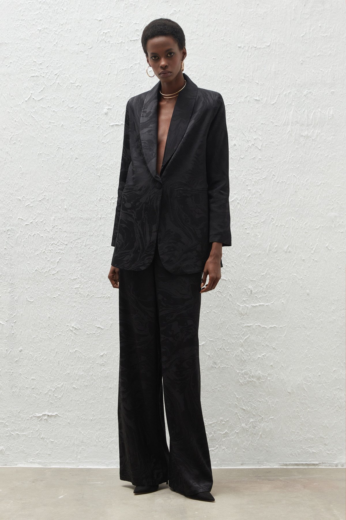 Satin Patterned Loose Trousers - BLACK