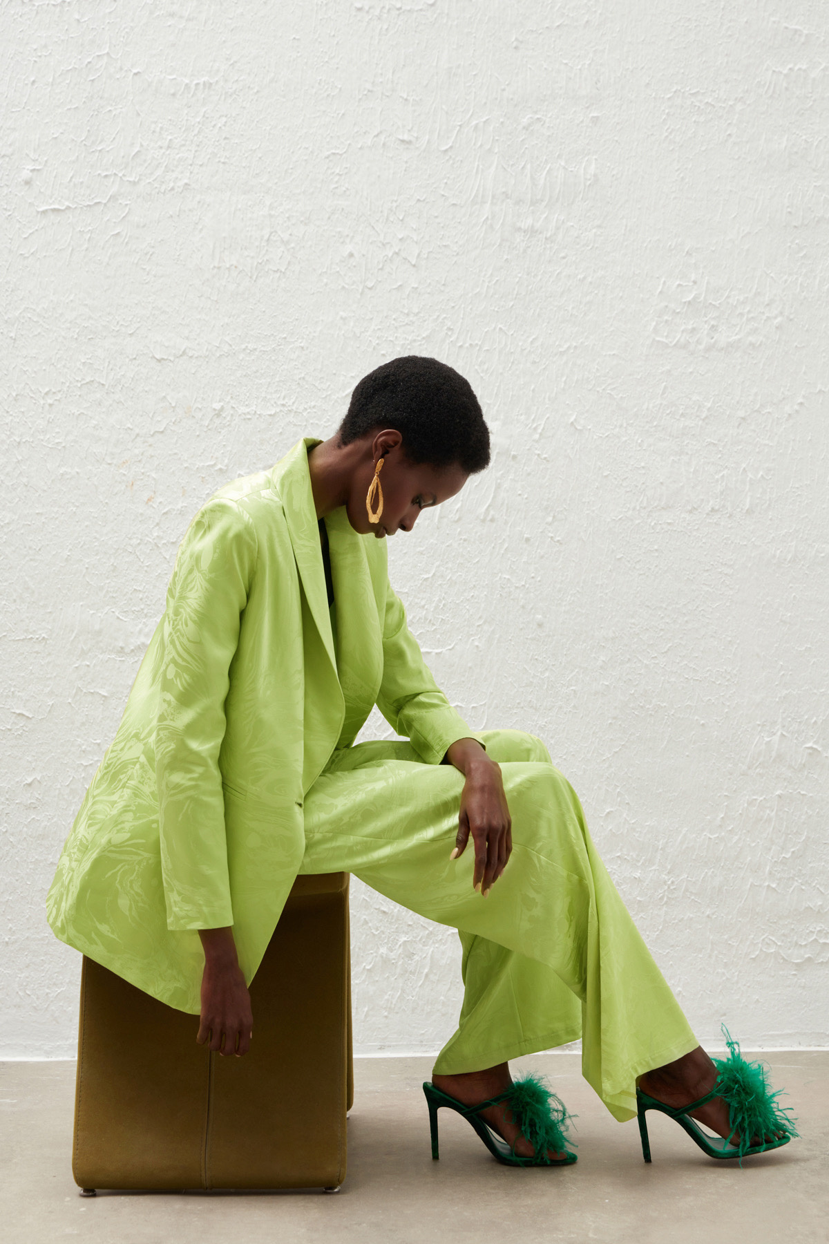 Saten Desenli Salaş Pantolon - YAĞ YEŞİLİ