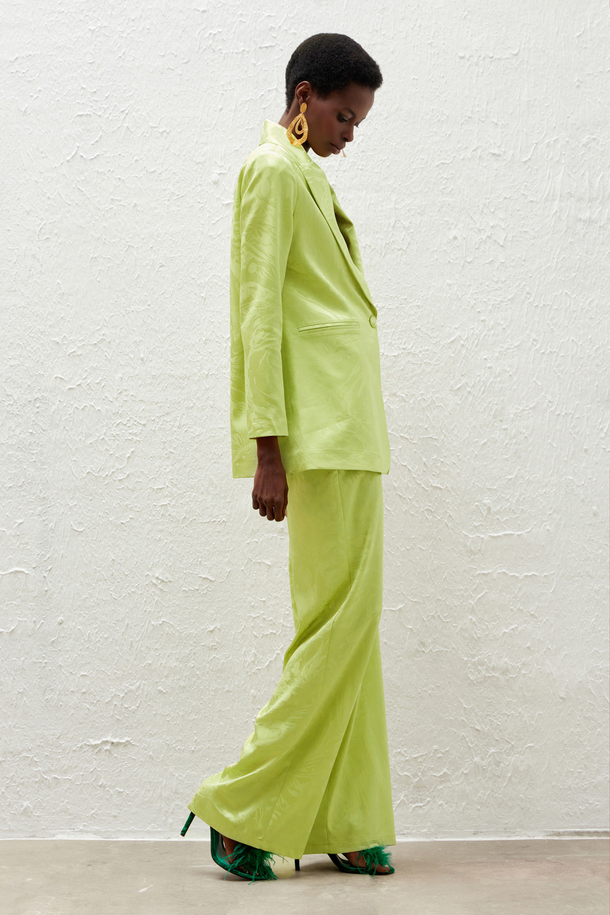 Saten Desenli Salaş Pantolon - YAĞ YEŞİLİ