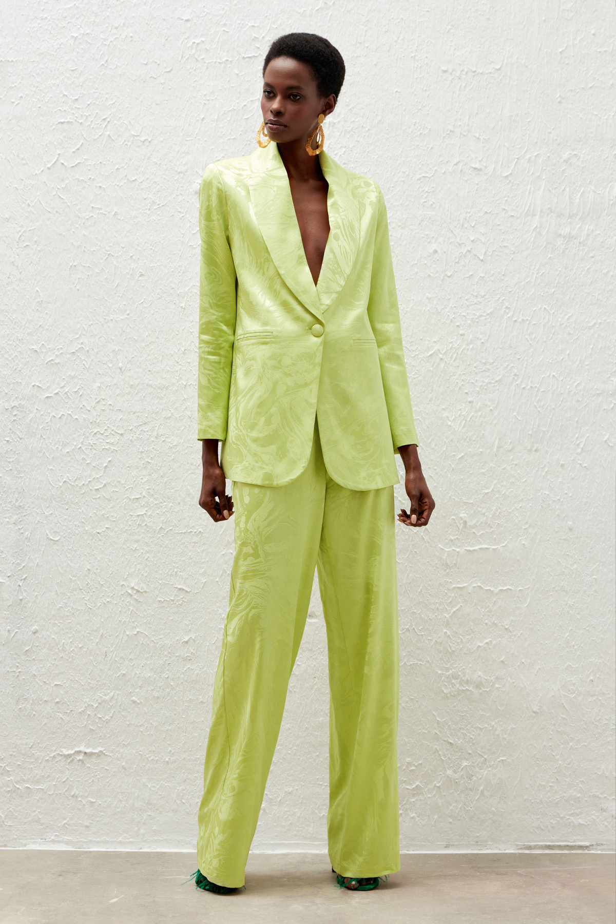 Saten Desenli Salaş Pantolon - YAĞ YEŞİLİ