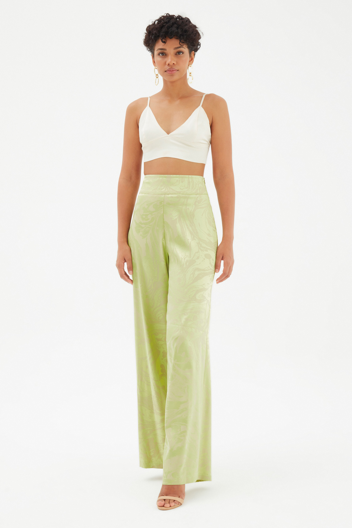 Saten Desenli Salaş Pantolon - YEŞİL