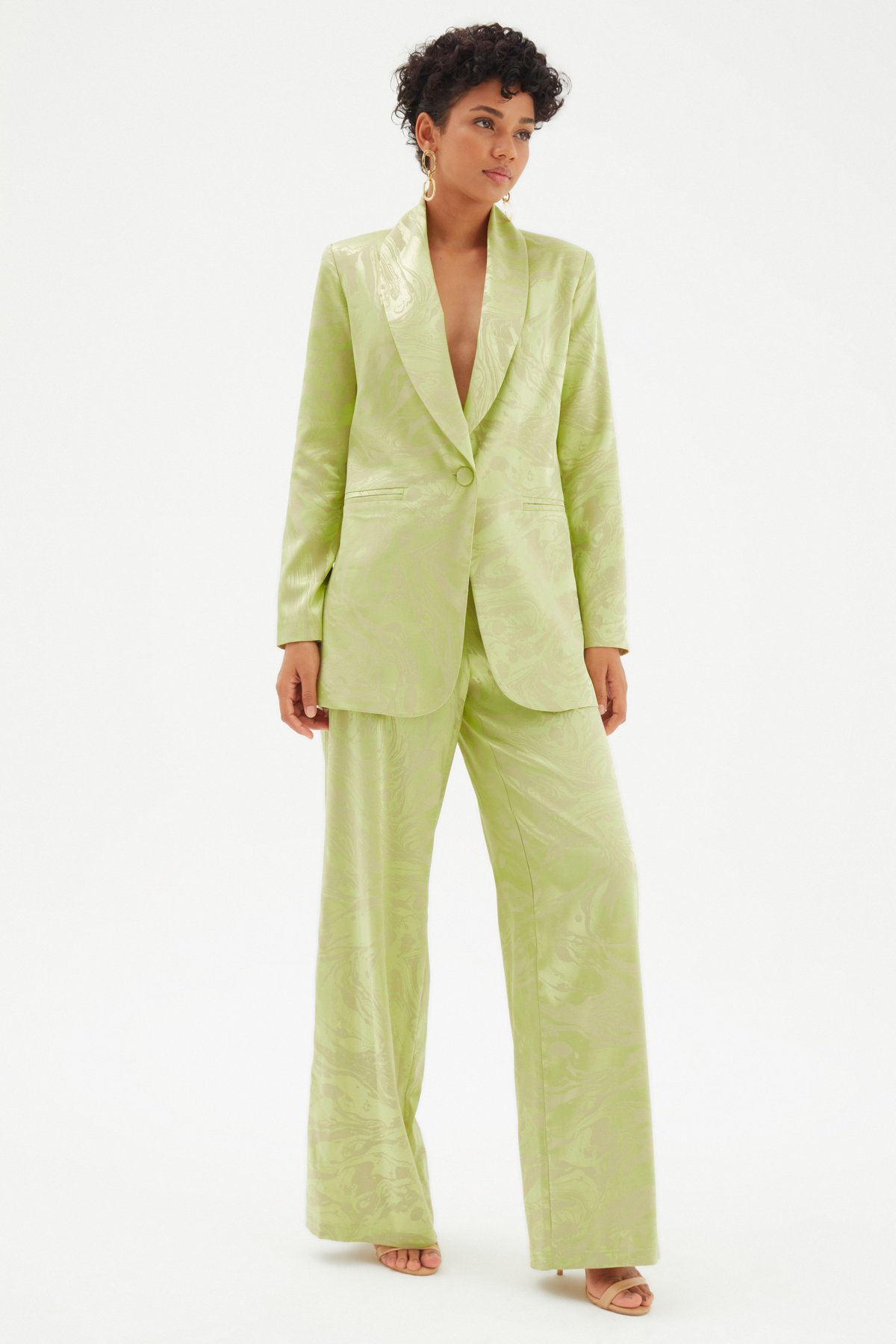 Saten Desenli Salaş Pantolon - YEŞİL