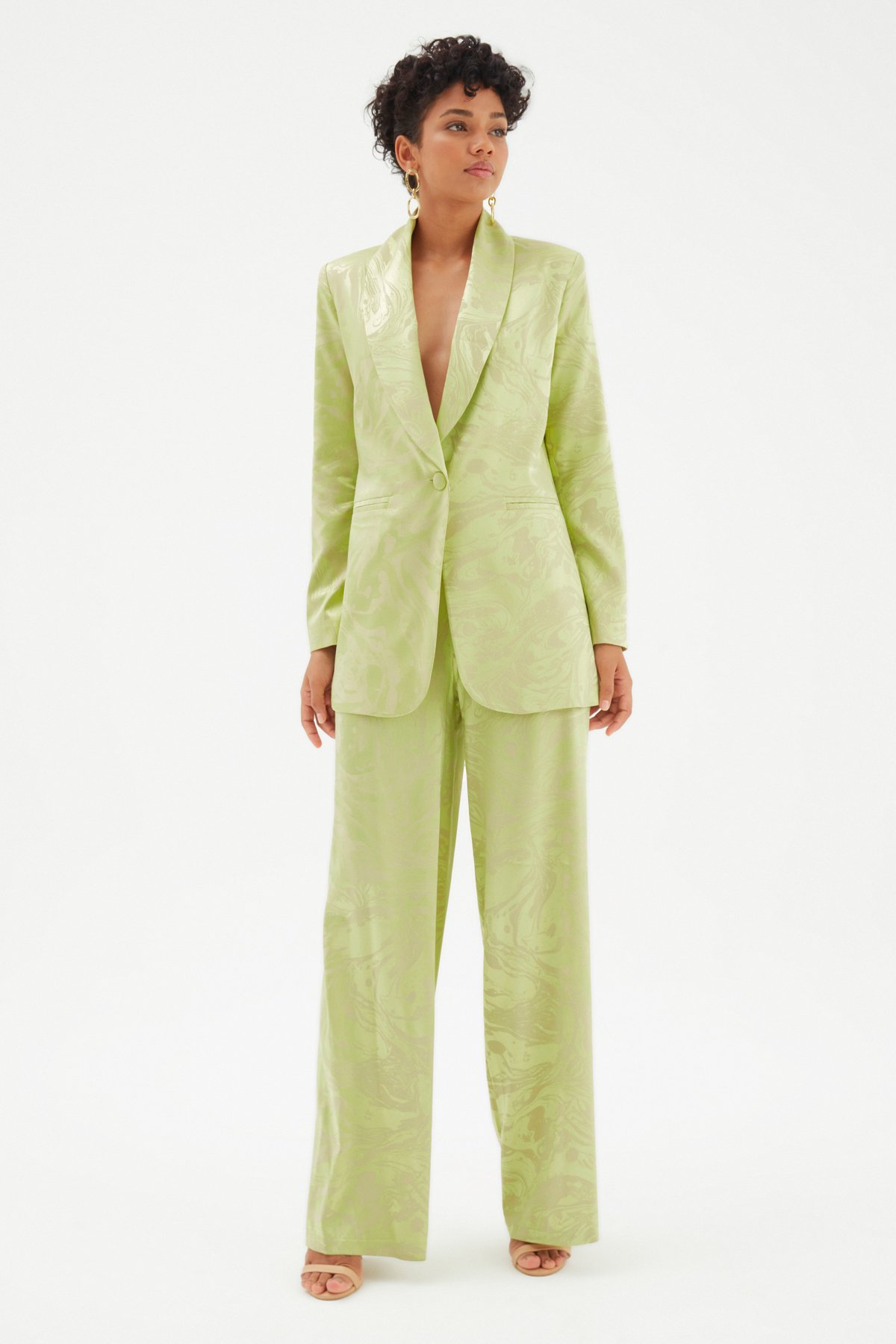 Saten Desenli Salaş Pantolon - YEŞİL