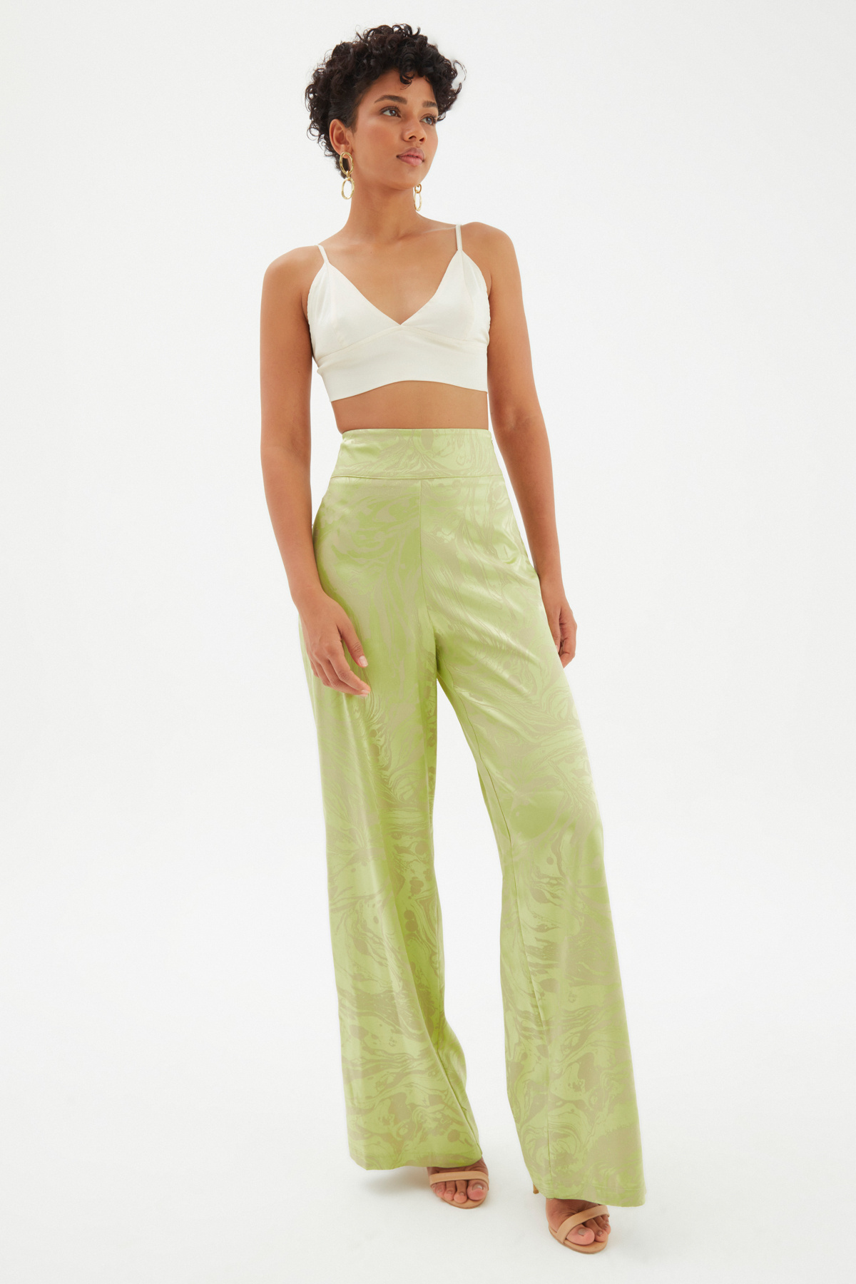 Saten Desenli Salaş Pantolon - YEŞİL