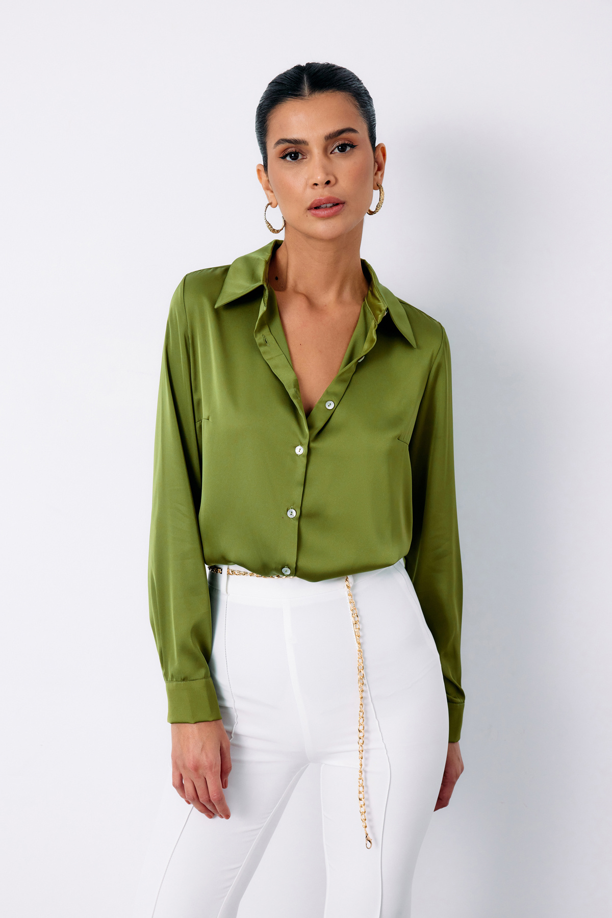 Oversize Saten Gömlek - YAĞ YEŞİLİ