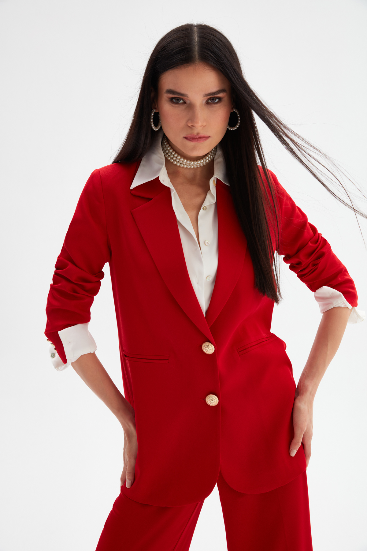 Saten Krep Ceket - KIRMIZI