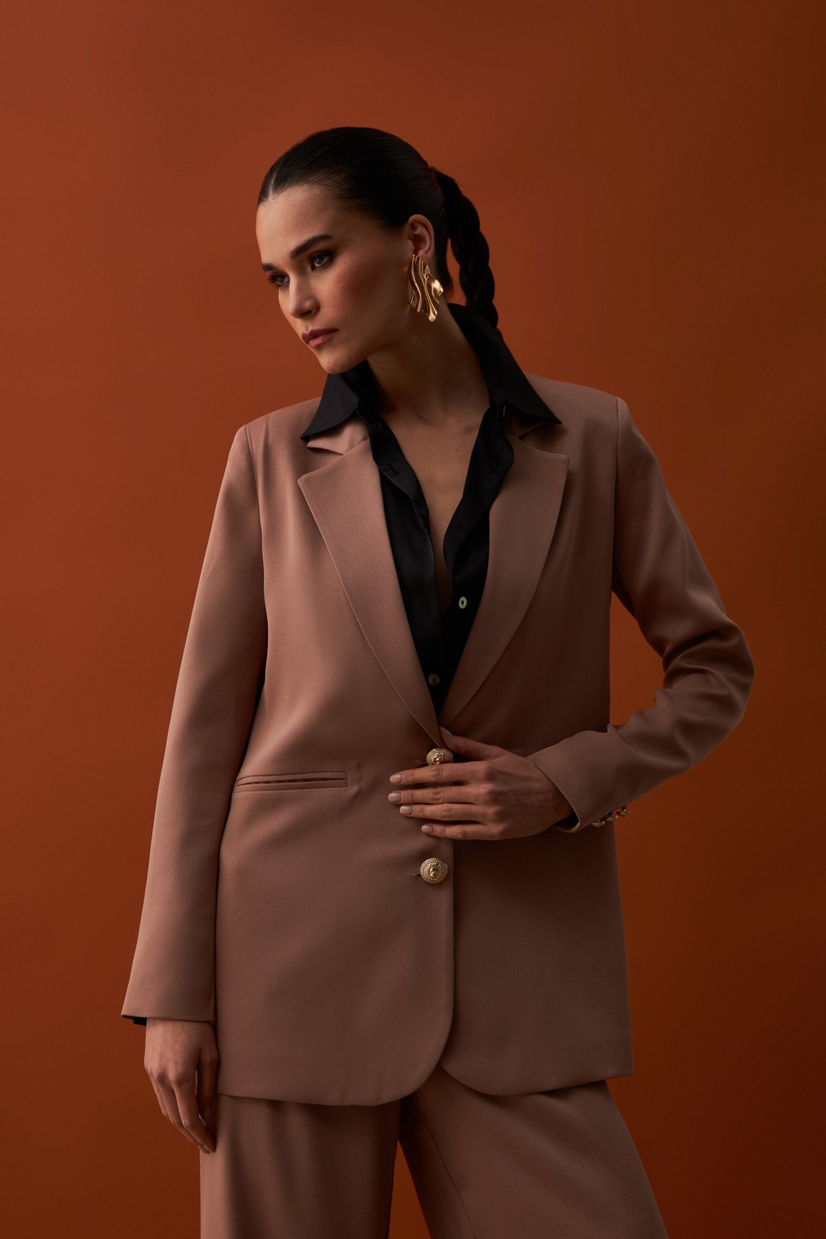 Saten Krep Ceket - VİZON