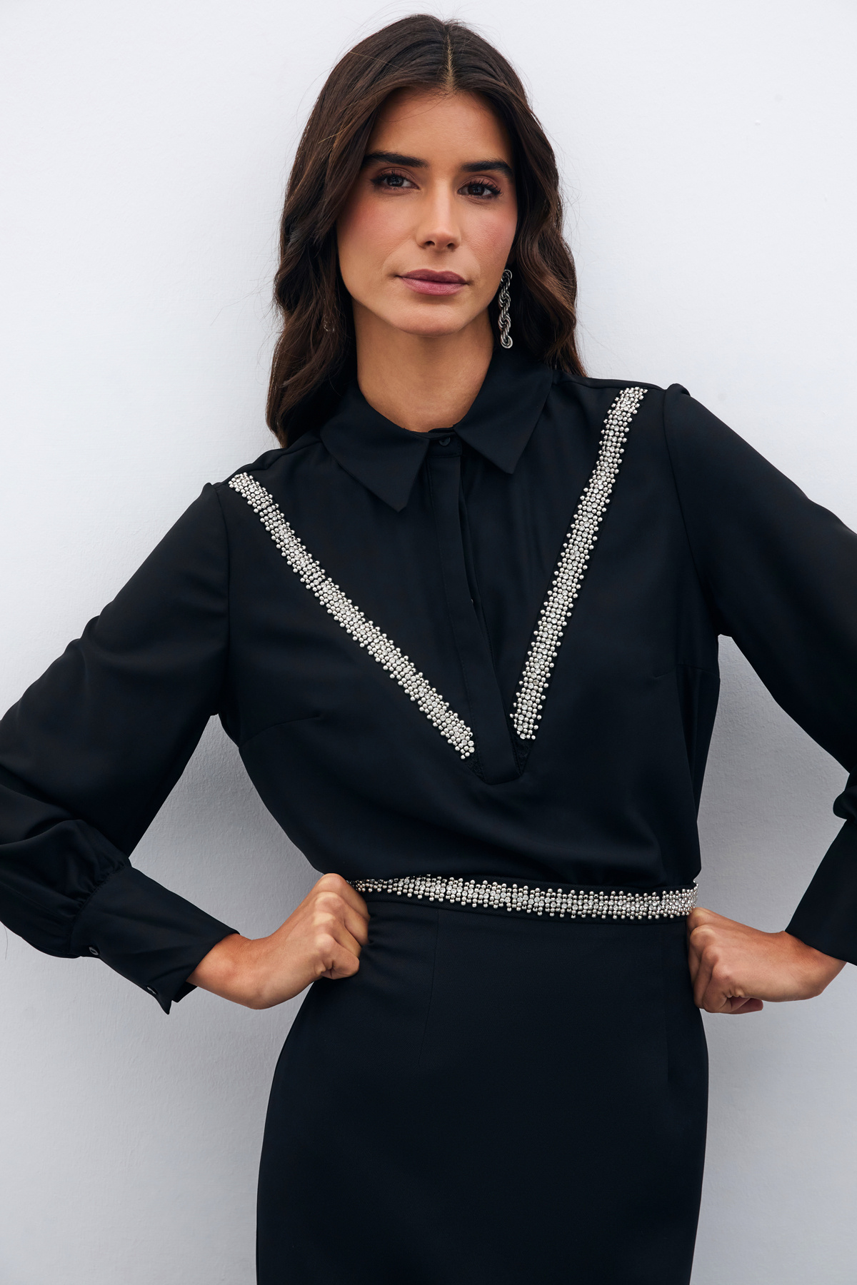 Şerit Aksesuarlı Bluz - SİYAH