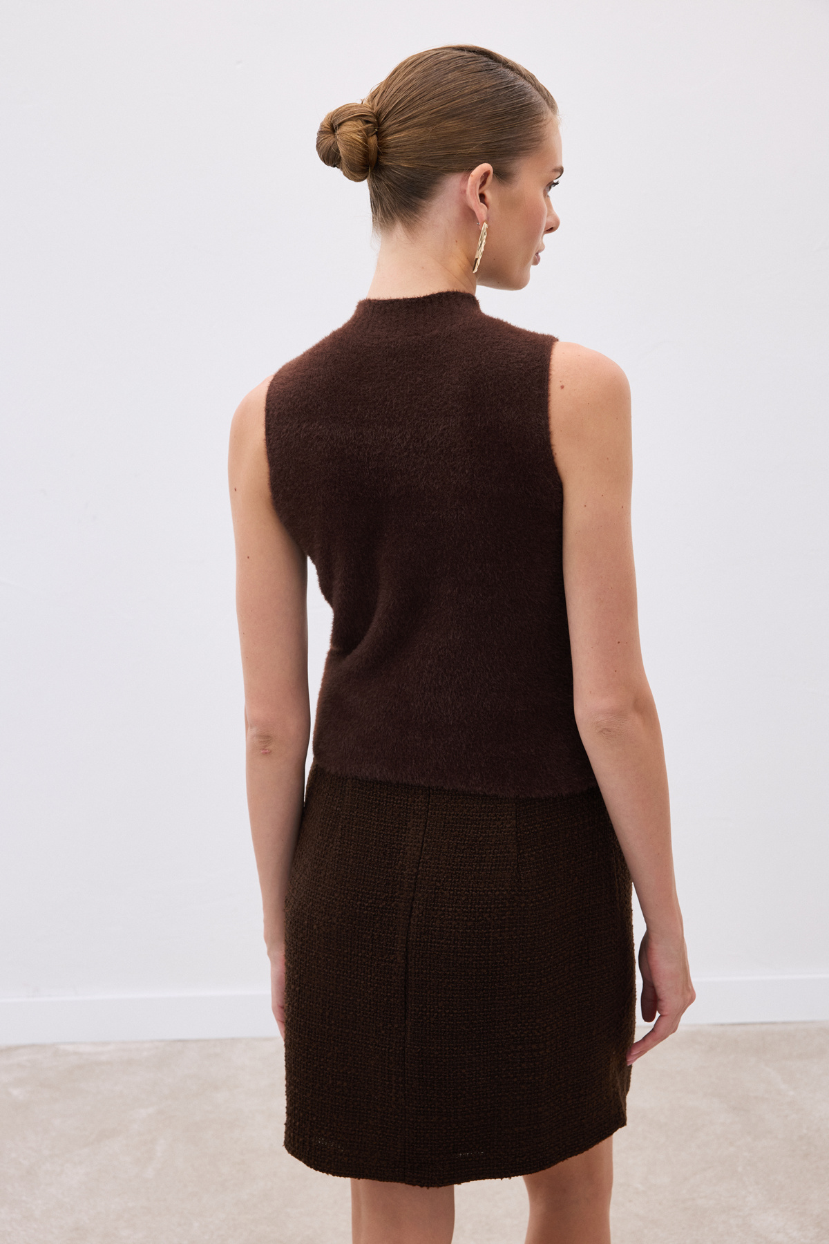 Sıfır Kol Sakallı Triko Bluz - Kahve