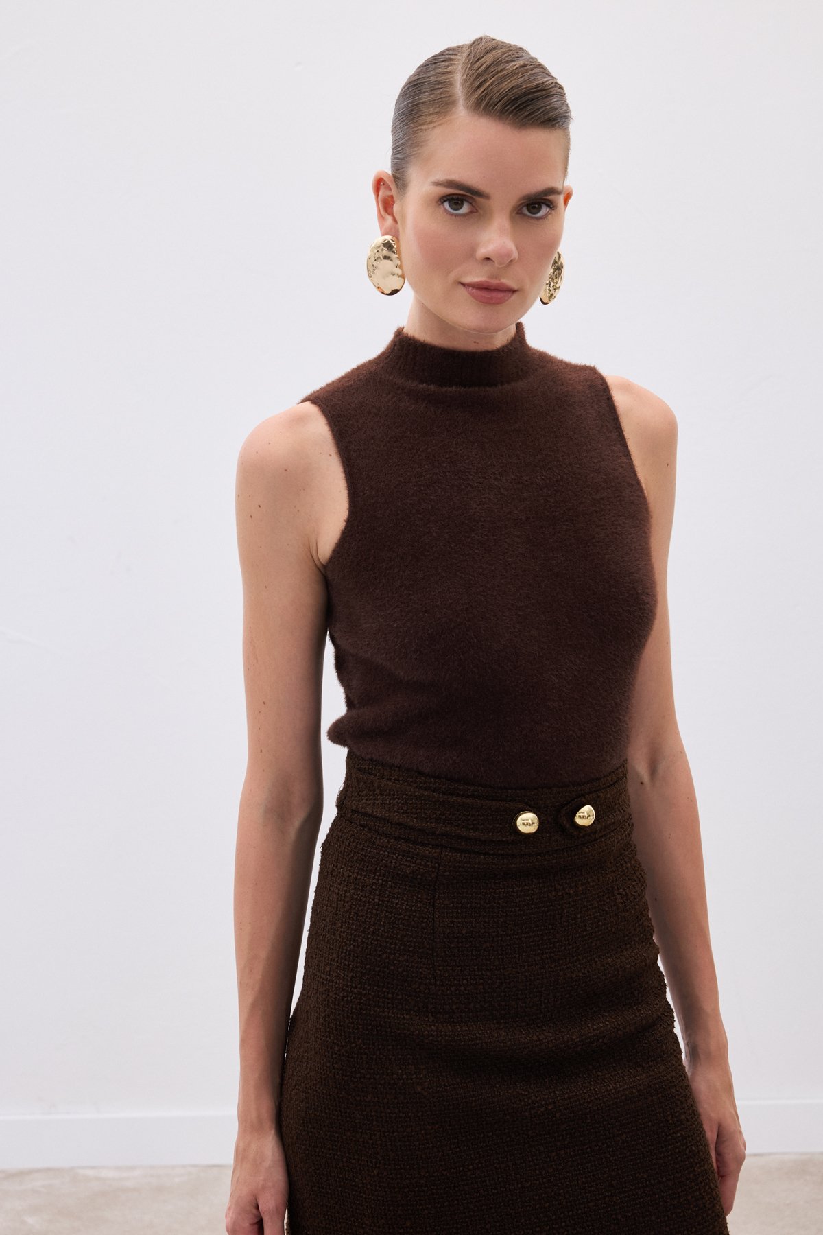 Sıfır Kol Sakallı Triko Bluz - Kahve