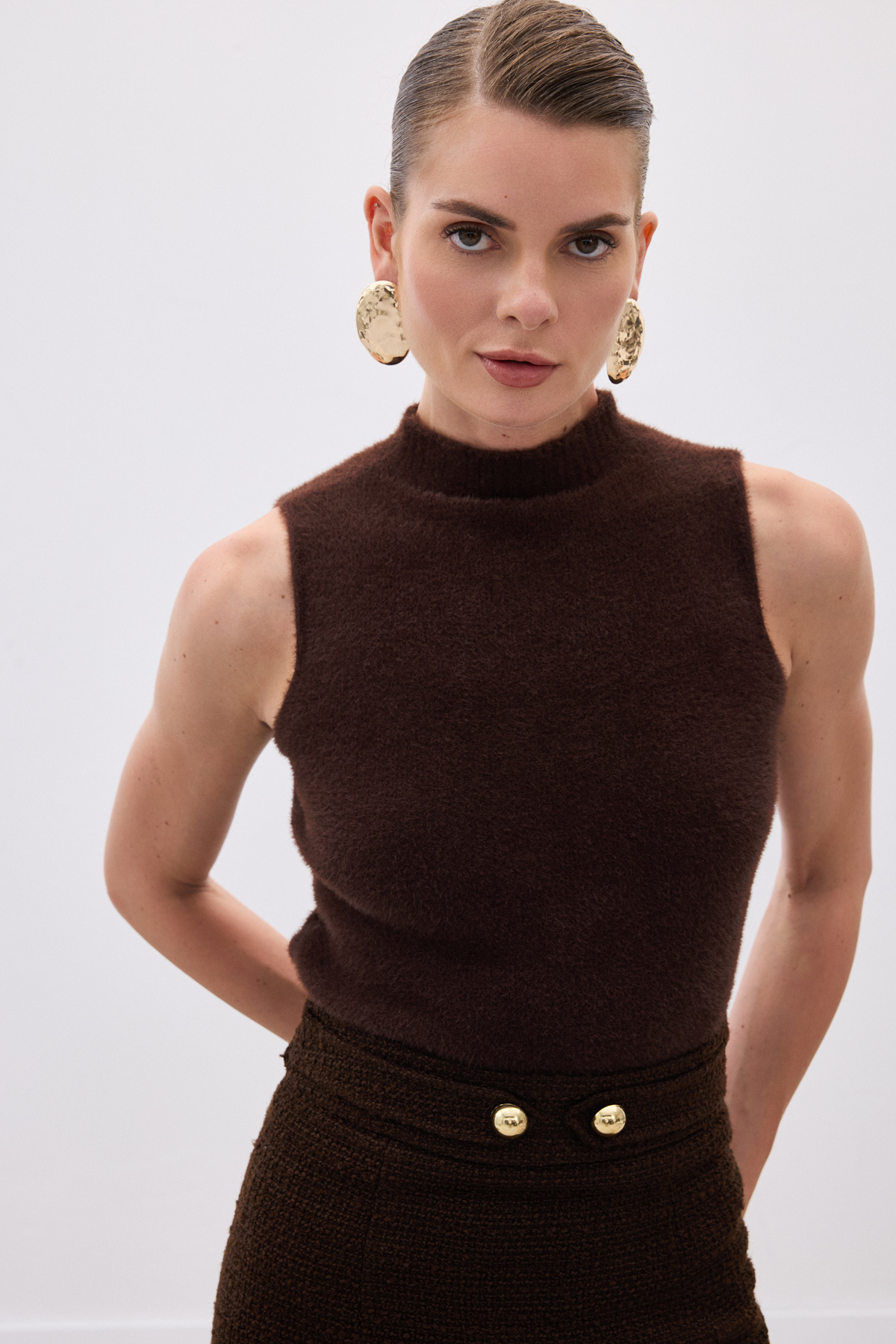 Sıfır Kol Sakallı Triko Bluz - Kahve