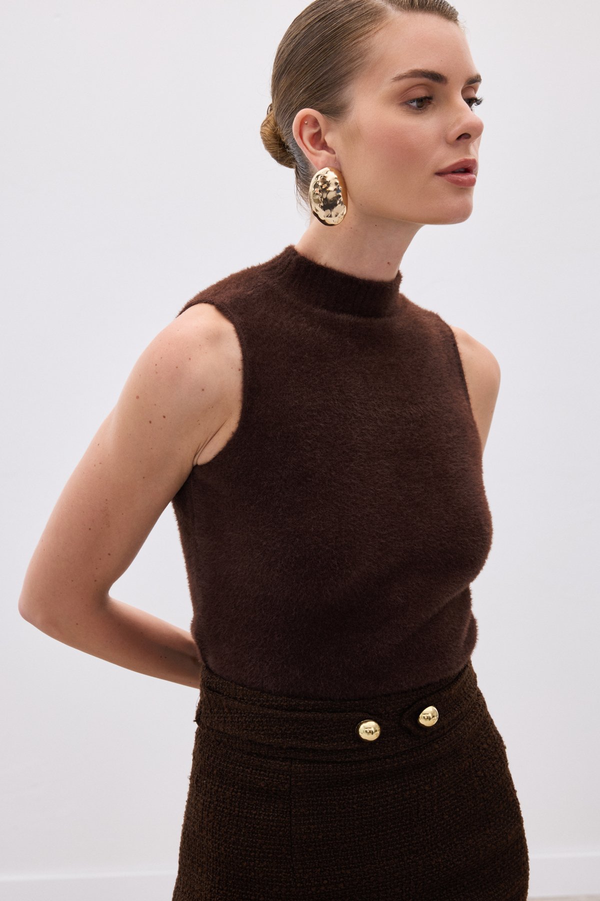 Sıfır Kol Sakallı Triko Bluz - Kahve