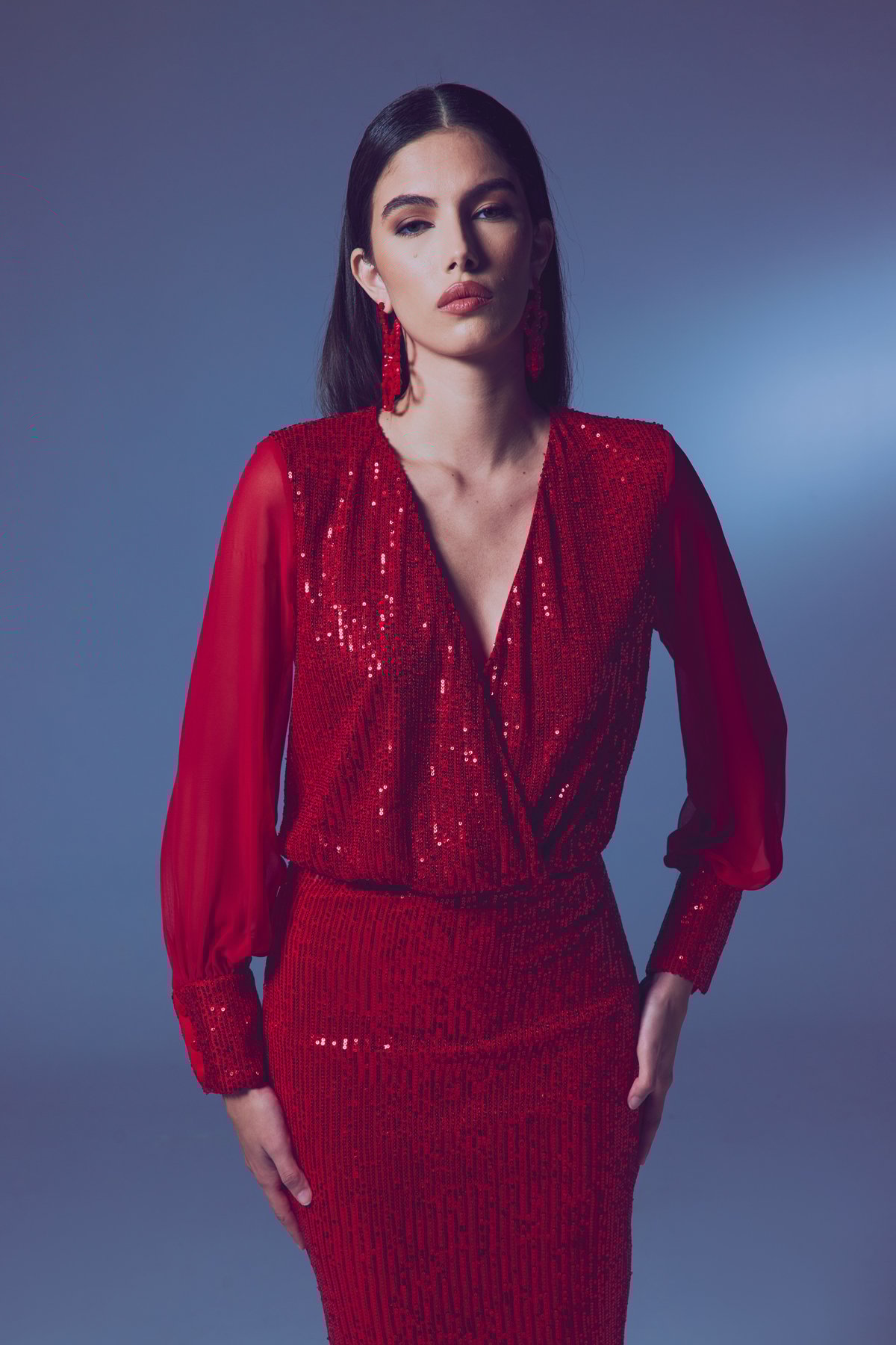 Şifon Kol Bodysuit Bluz - Kırmızı