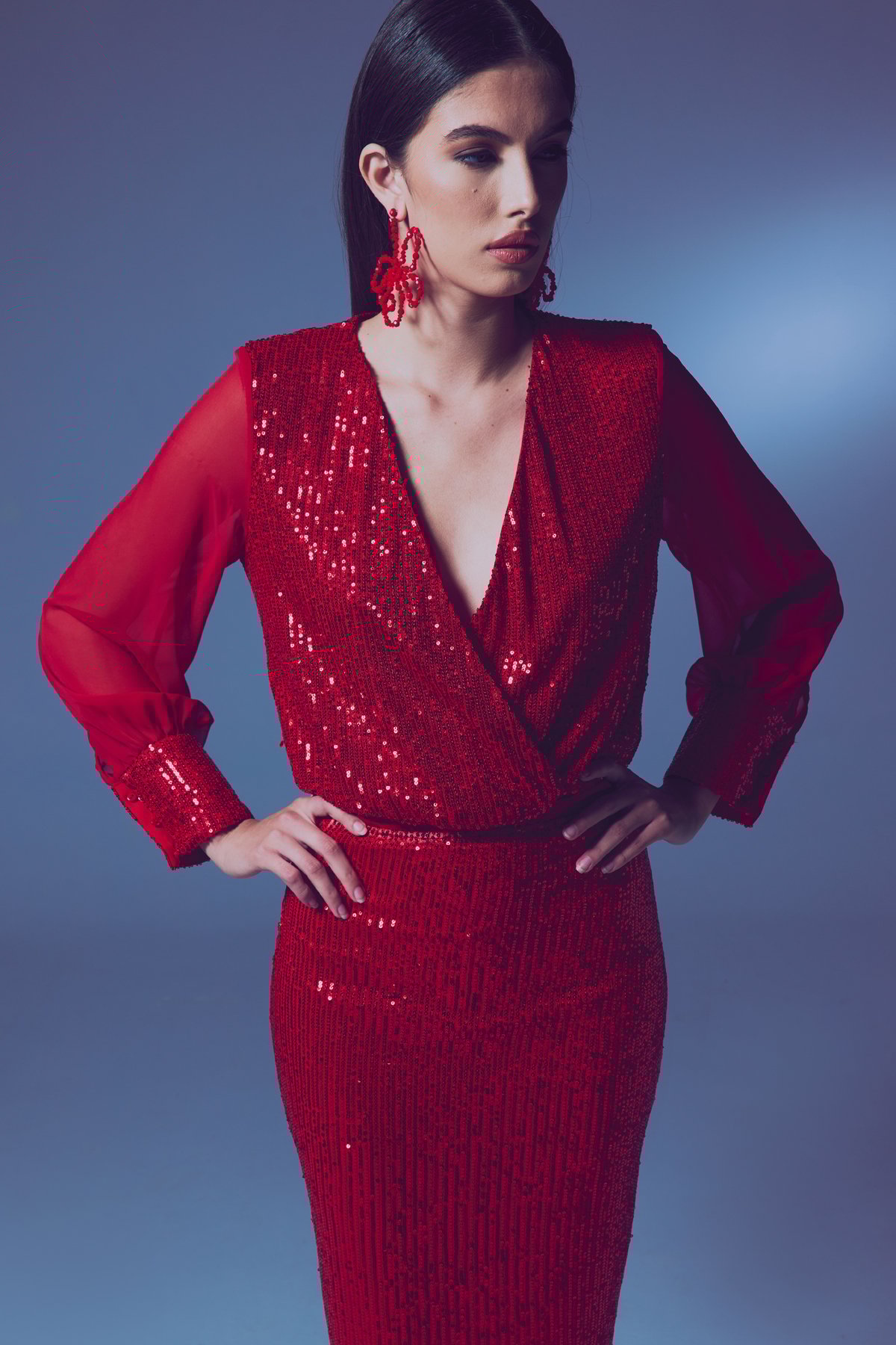 Şifon Kol Bodysuit Bluz - Kırmızı