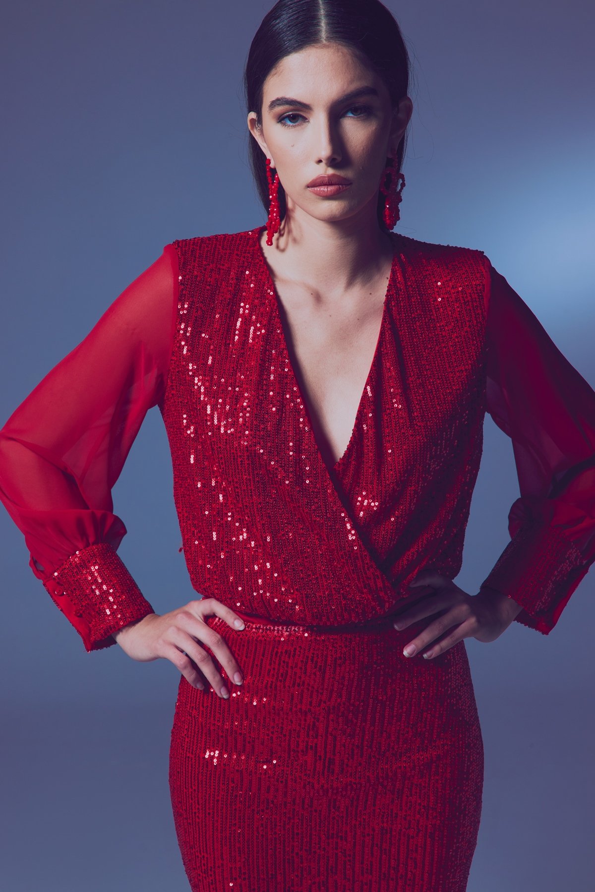 Şifon Kol Bodysuit Bluz - Kırmızı