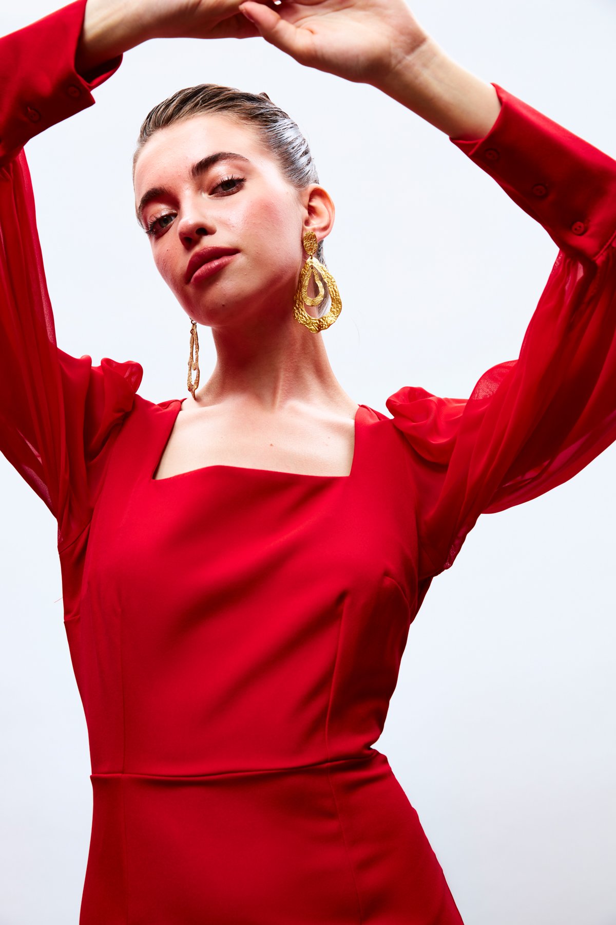 chiffon sleeve crepe dress - RED