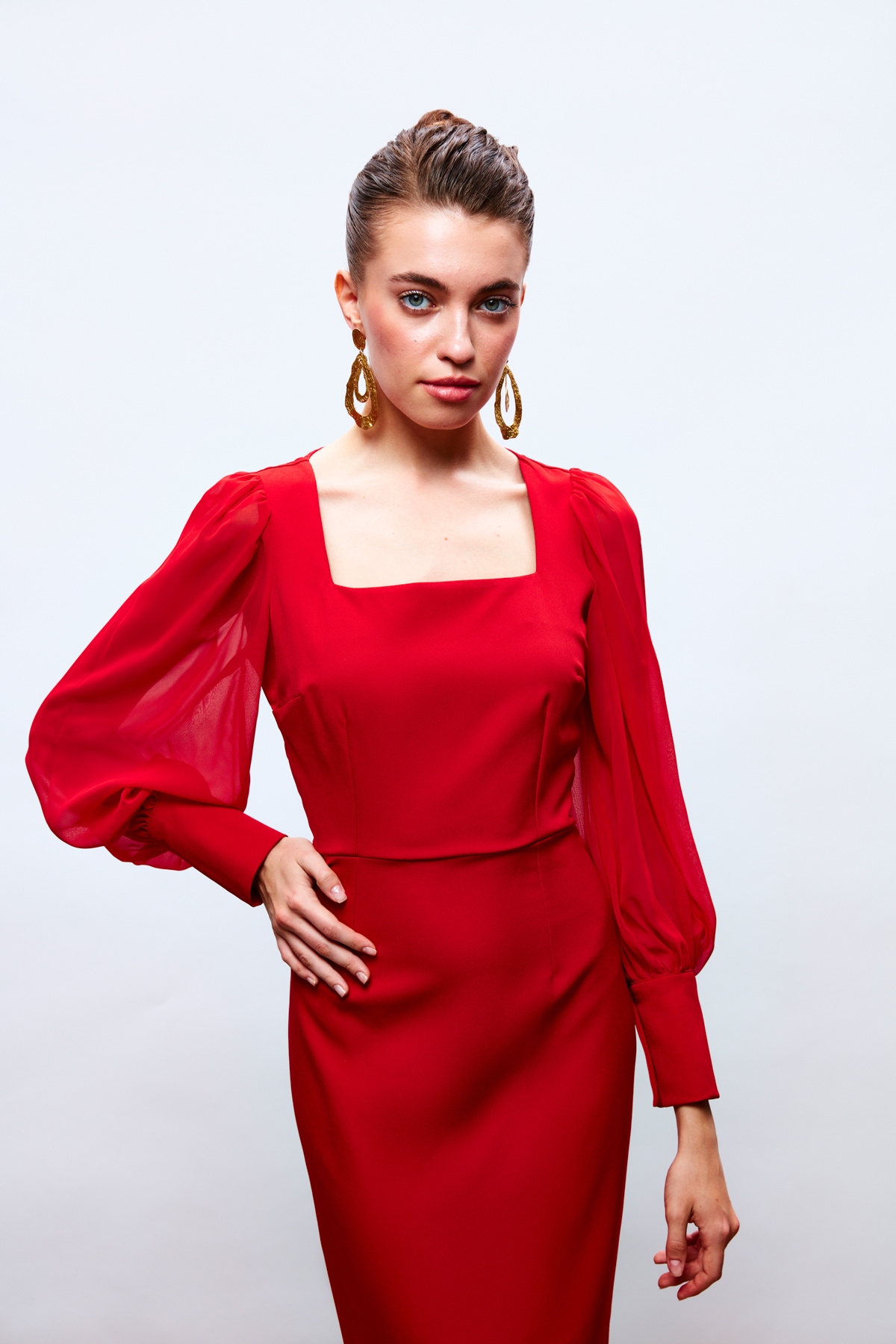 chiffon sleeve crepe dress - RED