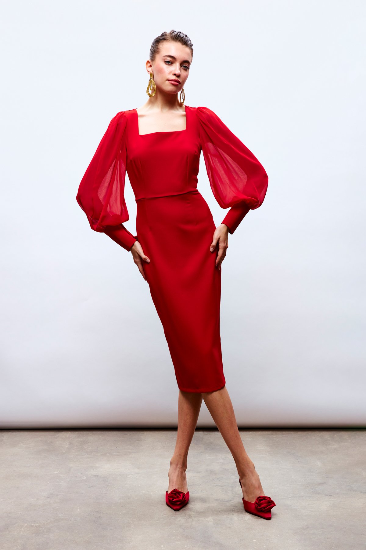 chiffon sleeve crepe dress - RED