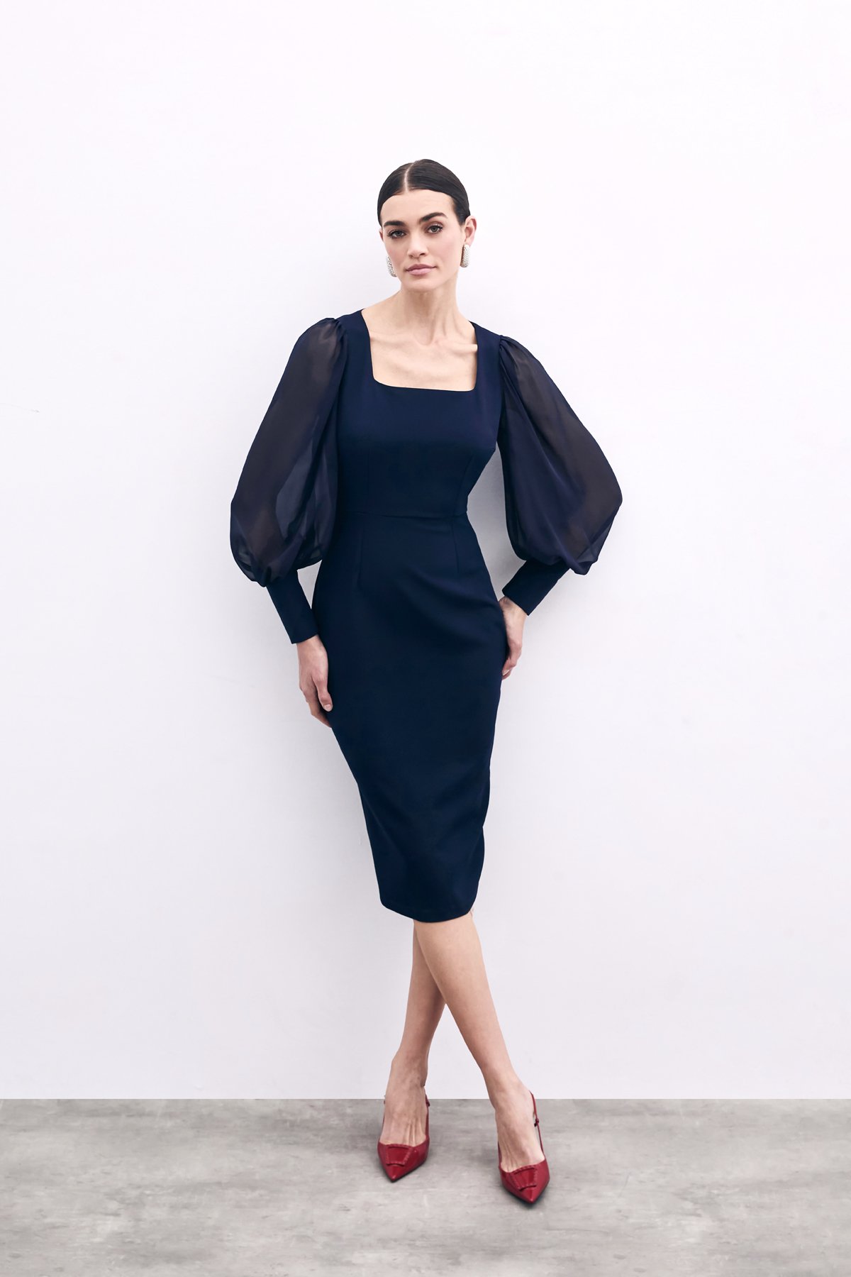 Şifon Kol Krep Elbise - Lacivert