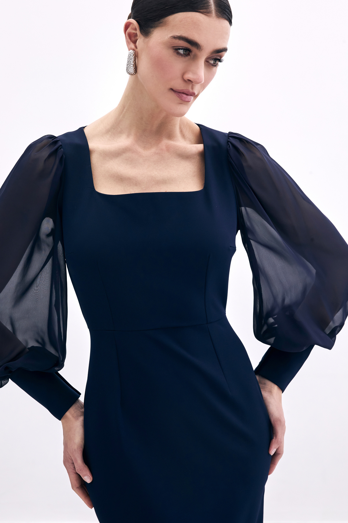 Şifon Kol Krep Elbise - Lacivert