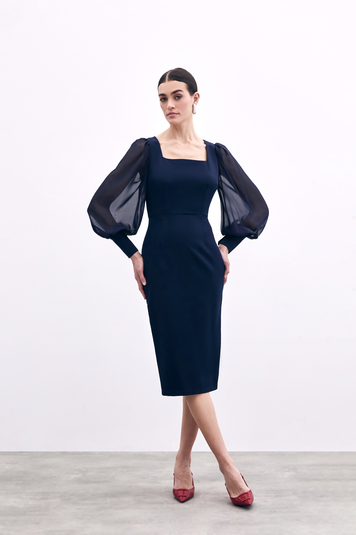 Şifon Kol Krep Elbise - Lacivert