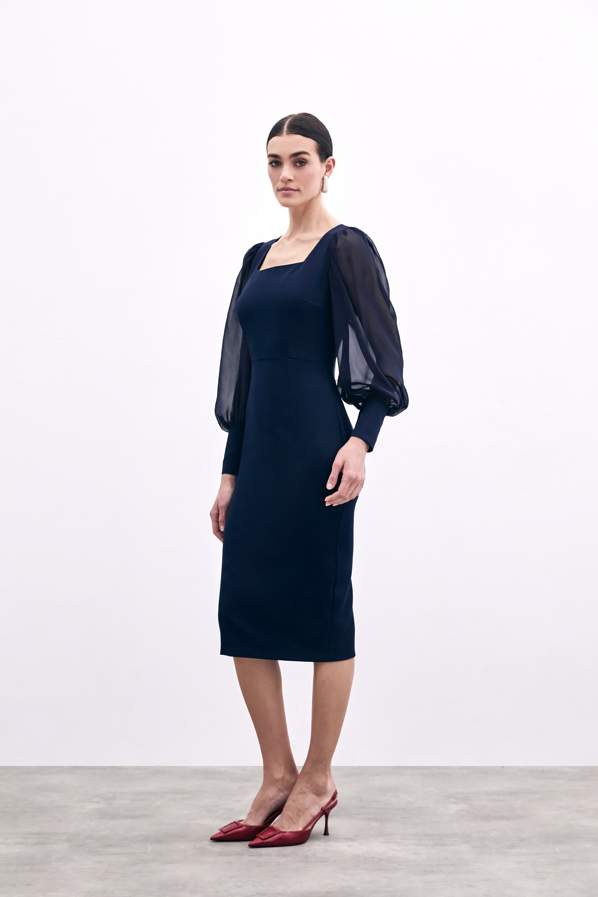 Şifon Kol Krep Elbise - Lacivert