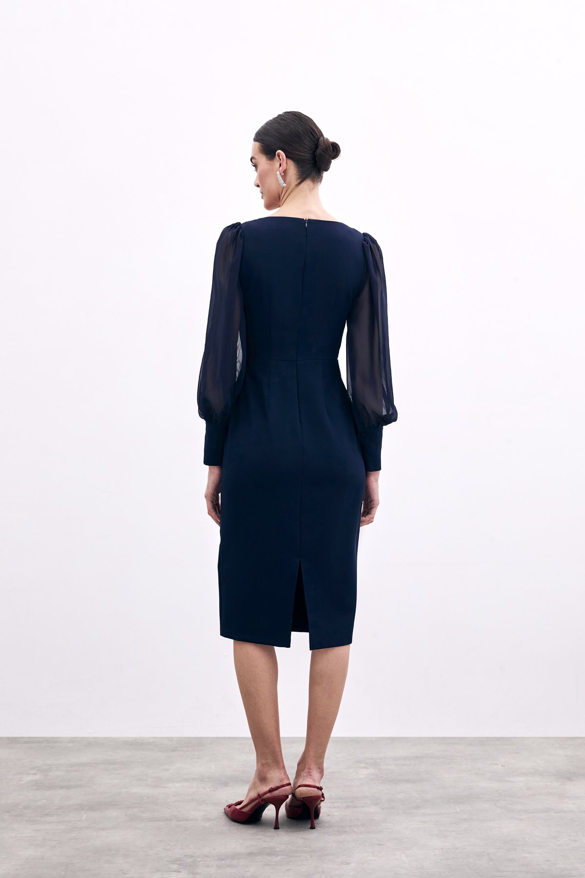 Şifon Kol Krep Elbise - Lacivert