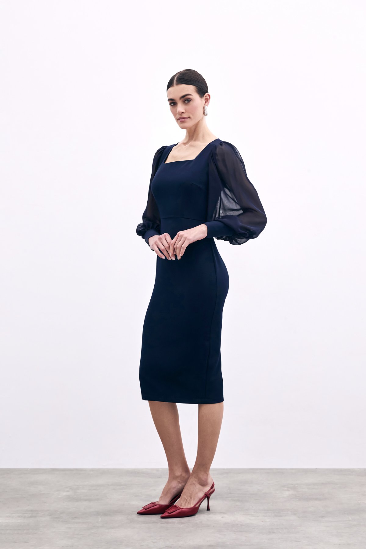 Şifon Kol Krep Elbise - Lacivert