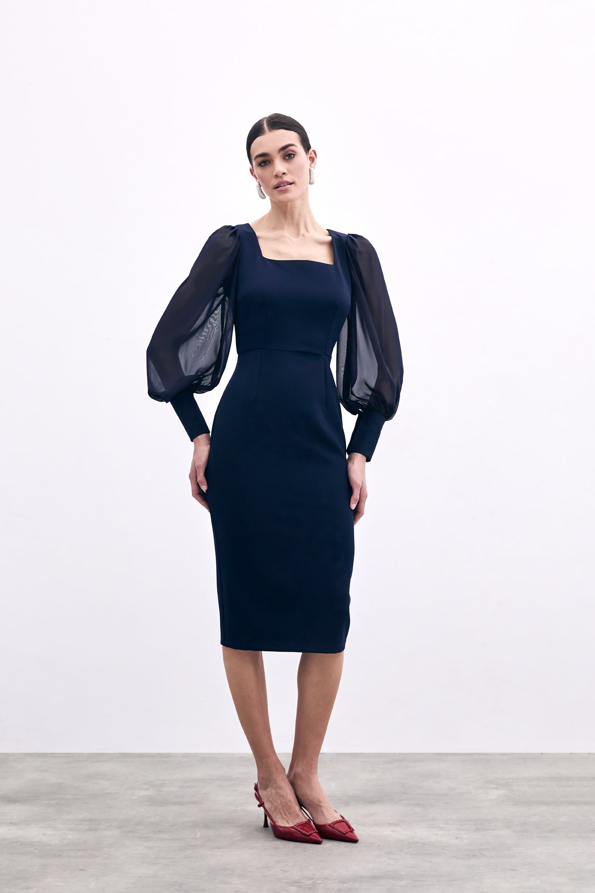 Şifon Kol Krep Elbise - Lacivert