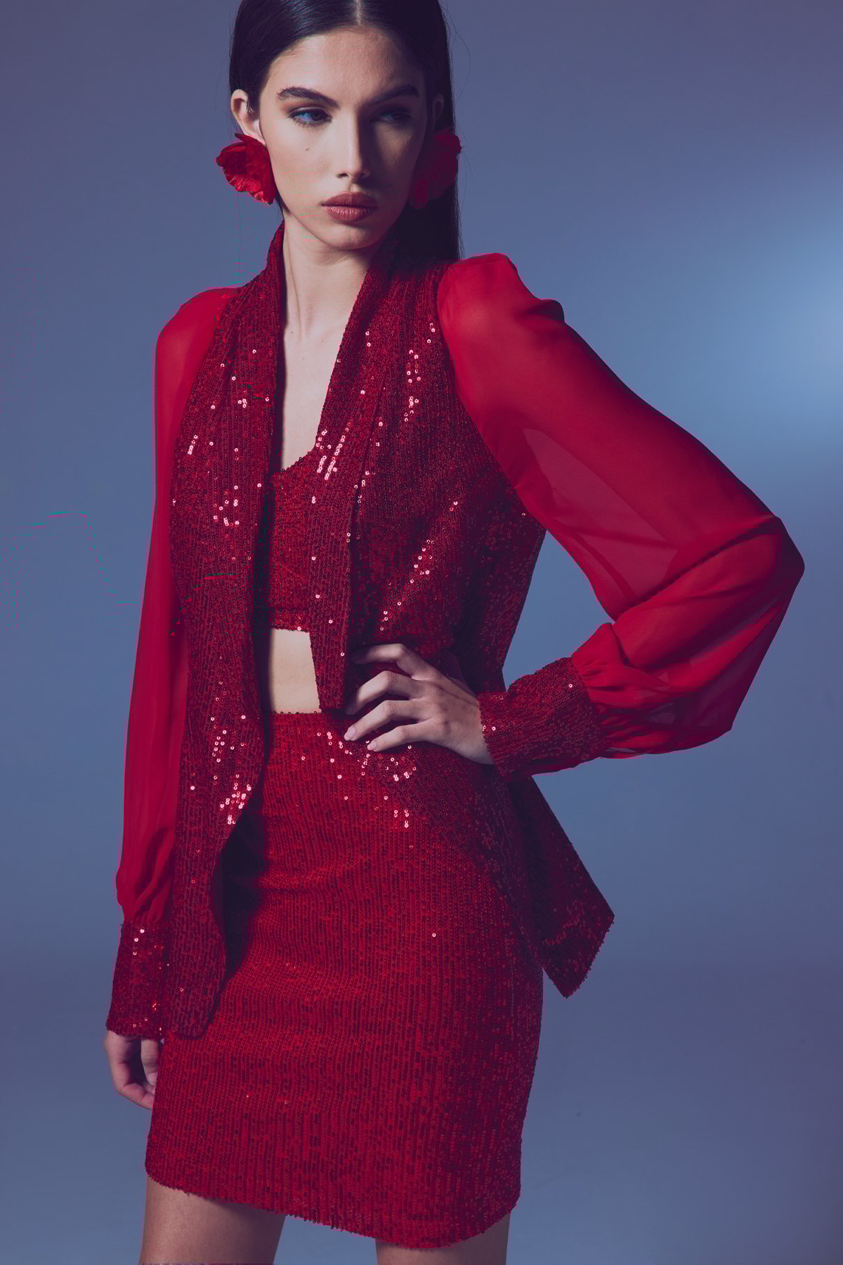 Şifon Kollu Payet Ceket - Kırmızı