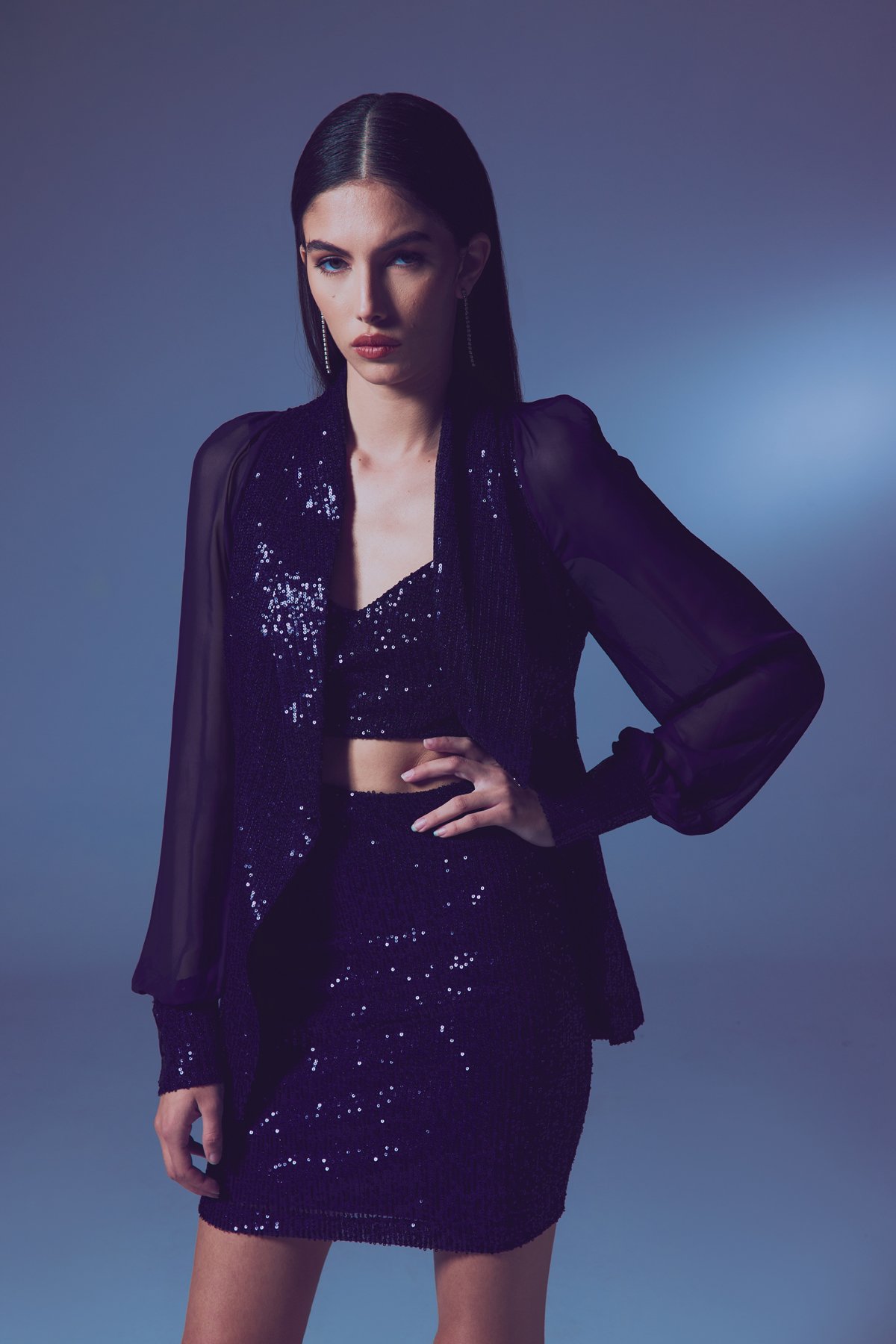 Şifon Kollu Payet Ceket - Lacivert