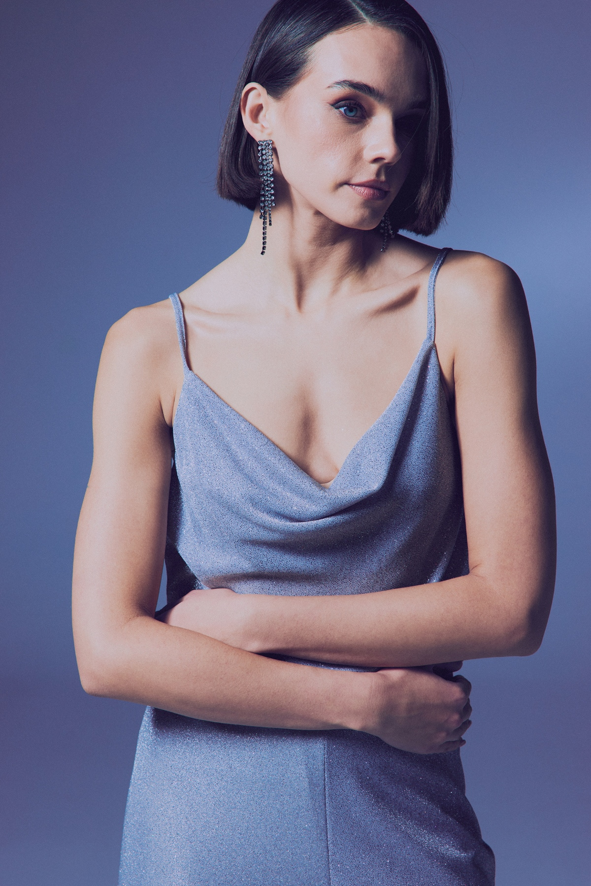 Simli Degaje Yaka Bluz - Gümüş